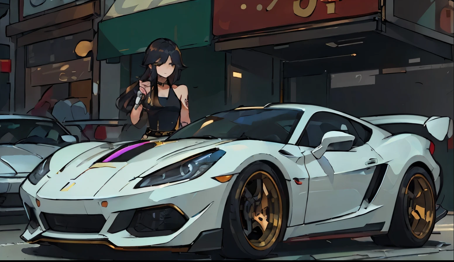 (​masterpiece) (best qualtiy) Beautiful young woman、Driving in a hyper sports car with a large displacement and beautiful lines.. The girl is very beautiful and、Gorgeous and young々I'm wearing a dress, however、He has a defiant look with a tattoo around his neck and a gold chain。.. The car looks perfect、In the range of hyper sports cars is a modern Italian luxury style.. They are parked on Hollywood Street for luxury shopping. Perfect professional photography. High-end DSLR cameras.