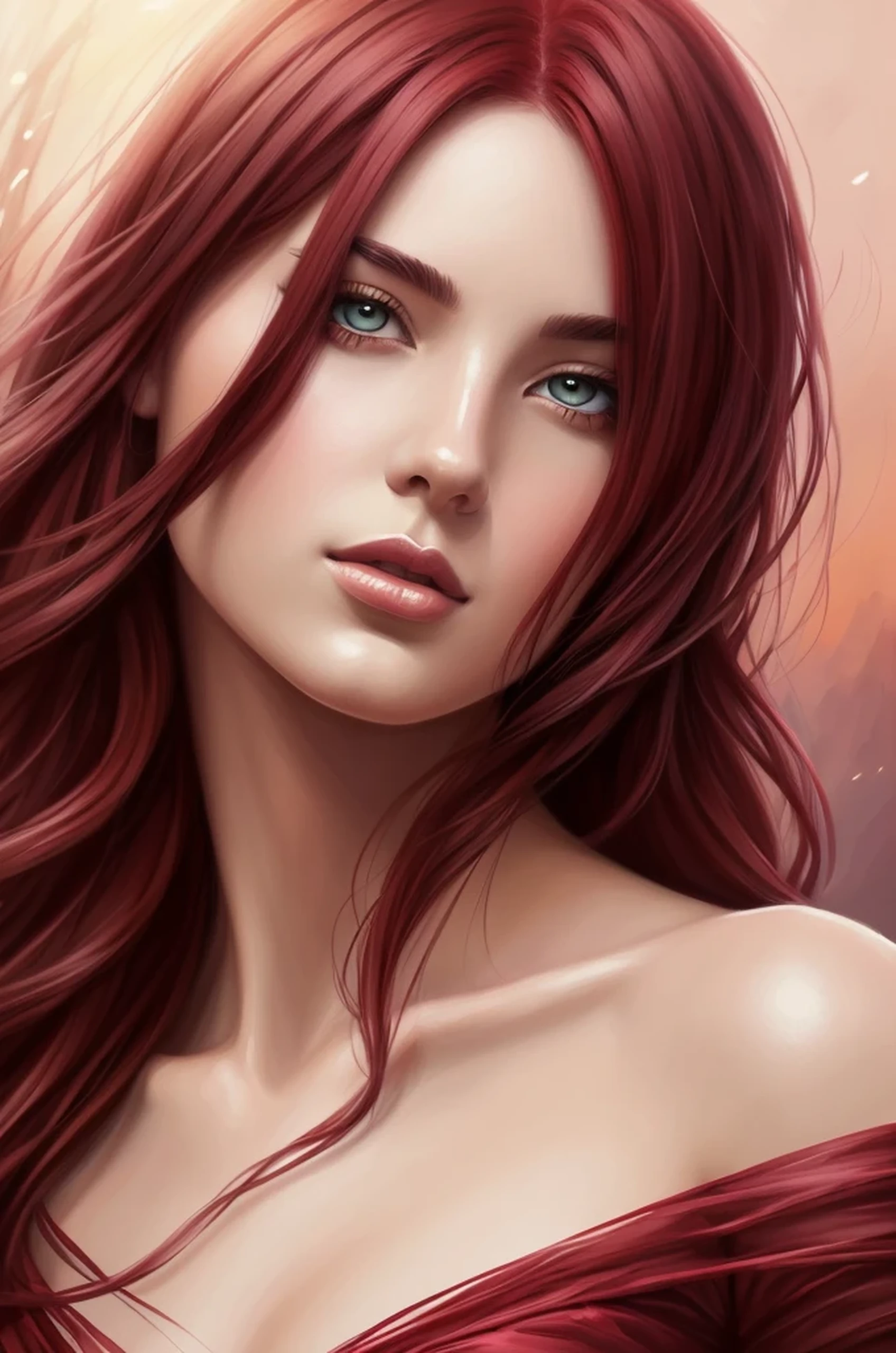 Painting of a woman with [Red] hair and [Purple] gown, in the scarlet evening sunset, beautiful art uhd 4 k, gorgeous digital painting, beautiful digital painting, beautiful fantasy art portrait, fantasy portrait art, fantasy art portrait, digital art oil painting, fantasy portrait, beautiful gorgeous digital art, beautiful fantasy portrait, Stunning digital painting, painting of beautiful, beautiful character painting, The Art of Digital Painting