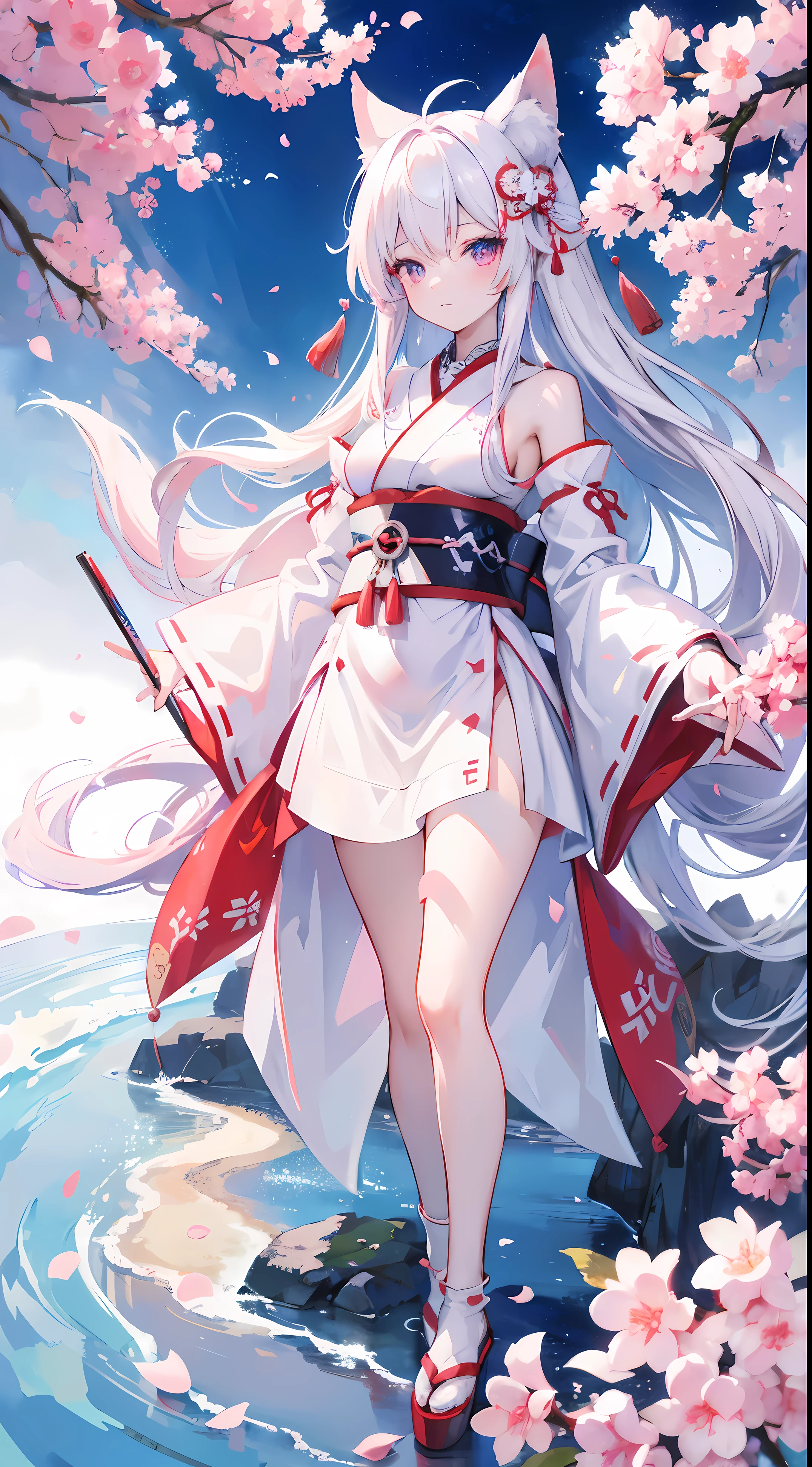 1 fox girl,change , Long white hair, Blue and pink eyes, Wearing white and red Miko dress, A Japanese shrine, Ridiculous resources, A high resolution, Super sharp, Anime art wallpaper 4k, tmasterpiece, looking at viewert