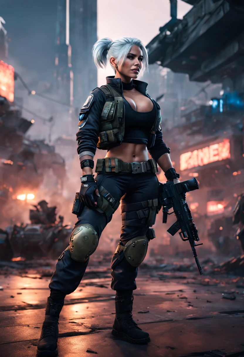 best quality, masterpiece, cyberpunk 1girl, (solo:1.1), ultra detailed,detailed face, 8k wallpaper, platinum white hair in a bun, wide hips, smile, military female soldier with gear of war, city background, smoke and rubbles,