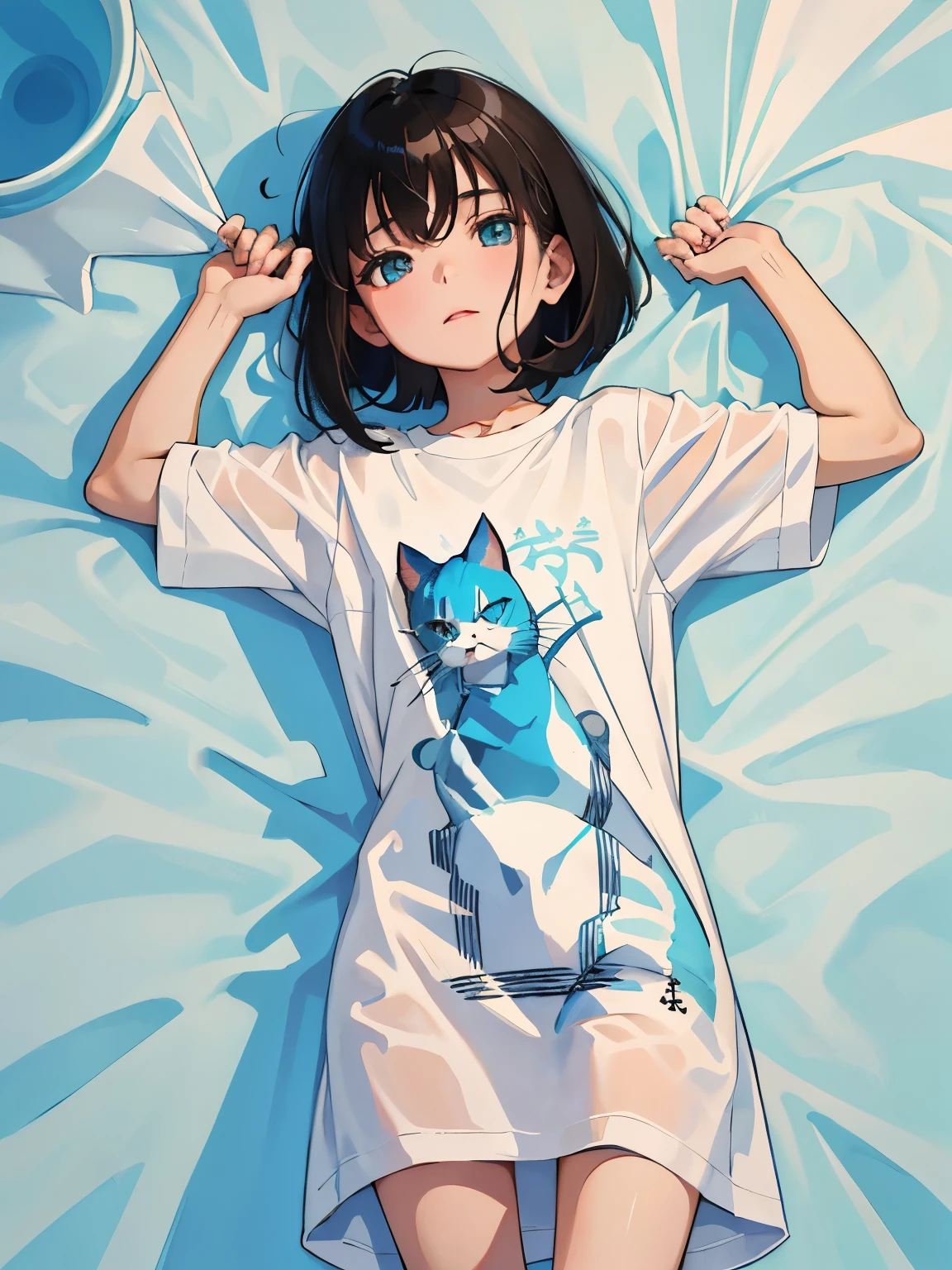 （​masterpiece，Highest Quality），()，((Long white T-shirt with cat print，Thin dress))，(A dark-haired，Medium bob)，Turquoise eyes，sleepy expression，Delicate body