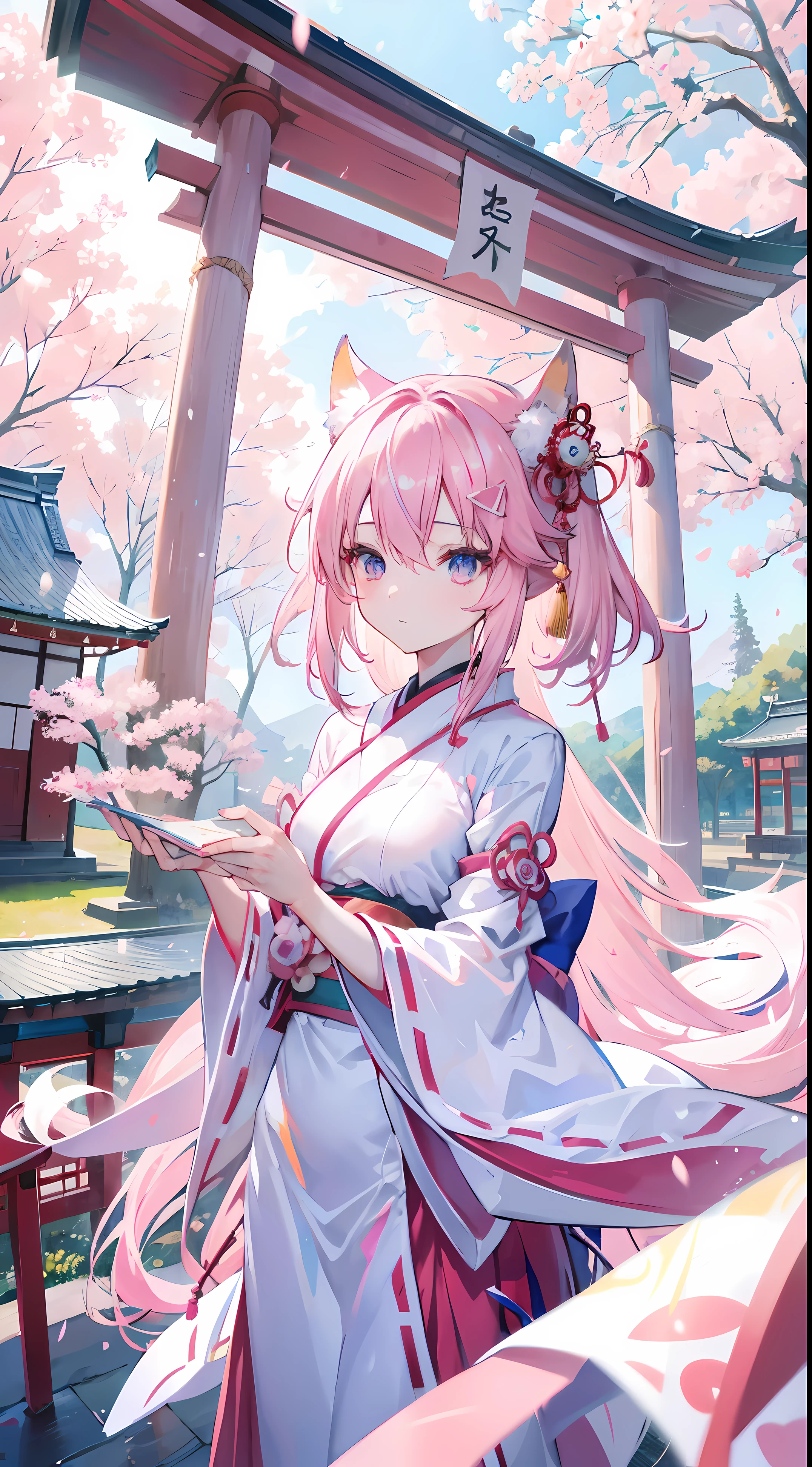 1 fox girl,change , Long white hair, Blue and pink eyes, Wearing pink Miko dress, A Japanese shrine, Ridiculous resources, A high resolution, Super sharp, Anime art wallpaper 4k, tmasterpiece, looking at viewert