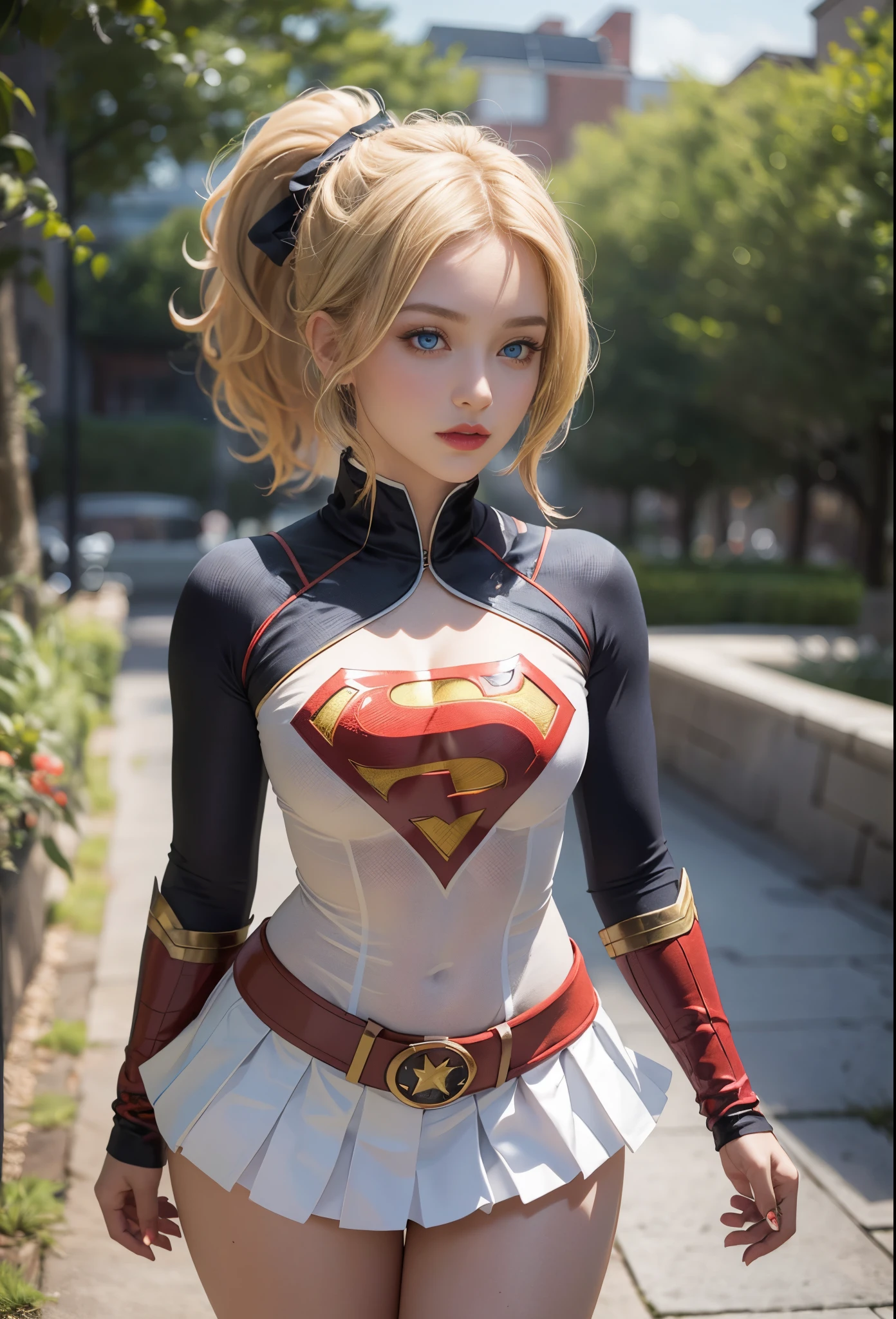4k, realistic, charismatic, very detailed, there is a girl in the sky, dressed in a super girl costume, she is a super girl, superhero theme, blonde short hair, ponytail, 20 years, full body, (detail in the eyes), (detail in the face), incredibly beautiful, blue eyes, blush, makeup, red lipstick, miniskirt, (wide hips), (thick thighs), small breasts, dress,, seductive pose, (extreme hourglass figure), thin, svelte, white skirt, boots, tight t-shirt
