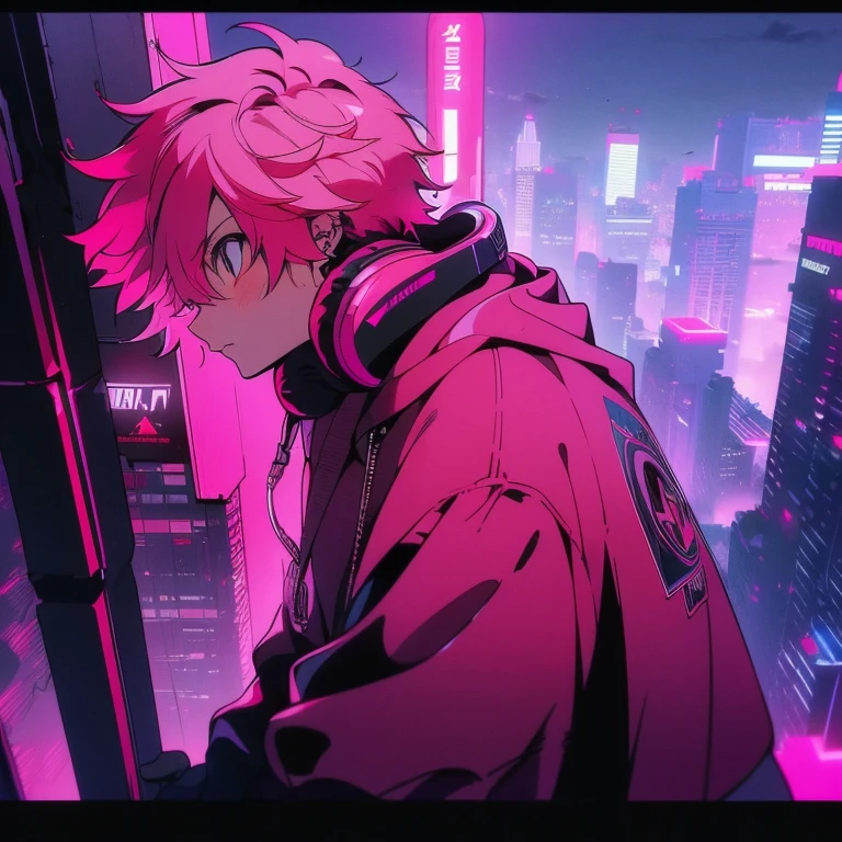 (short-cut), (Two-block hair), (vivid pink hair), (male character), (Red Eyes), (Cool pose), (of the highest quality), (masterpiece), (ultra-detailliert), (Oversized hoodies), (Street), (neons), (Camera from a down angle), (Modern City), (neonsデイライト), (Cinematic), (Stylish), (hight resolution), (Hyper Detailed), (Looking at the camera), (Anime-style), (Softtown), (nightcore), (a handsome man), (Listening to music through headphones), (natural appearance of the building), (casual), (ig studios anime style), (best angle of view),