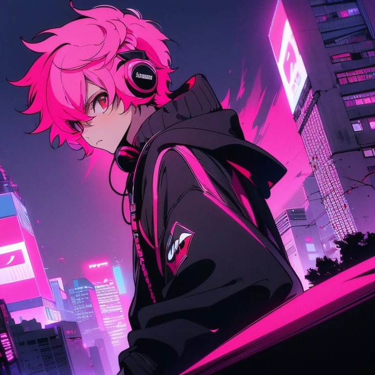 (short-cut), (Two-block hair), (vivid pink hair), (male character), (Red Eyes), (Cool pose), (of the highest quality), (masterpiece), (ultra-detailliert), (Oversized hoodies), (Street), (neons), (Camera from a down angle), (Modern City), (neonsデイライト), (Cinematic), (Stylish), (hight resolution), (Hyper Detailed), (Looking at the camera), (Anime-style), (Softtown), (nightcore), (a handsome man), (Listening to music through headphones), (natural appearance of the building), (casual), (ig studios anime style), (best angle of view),