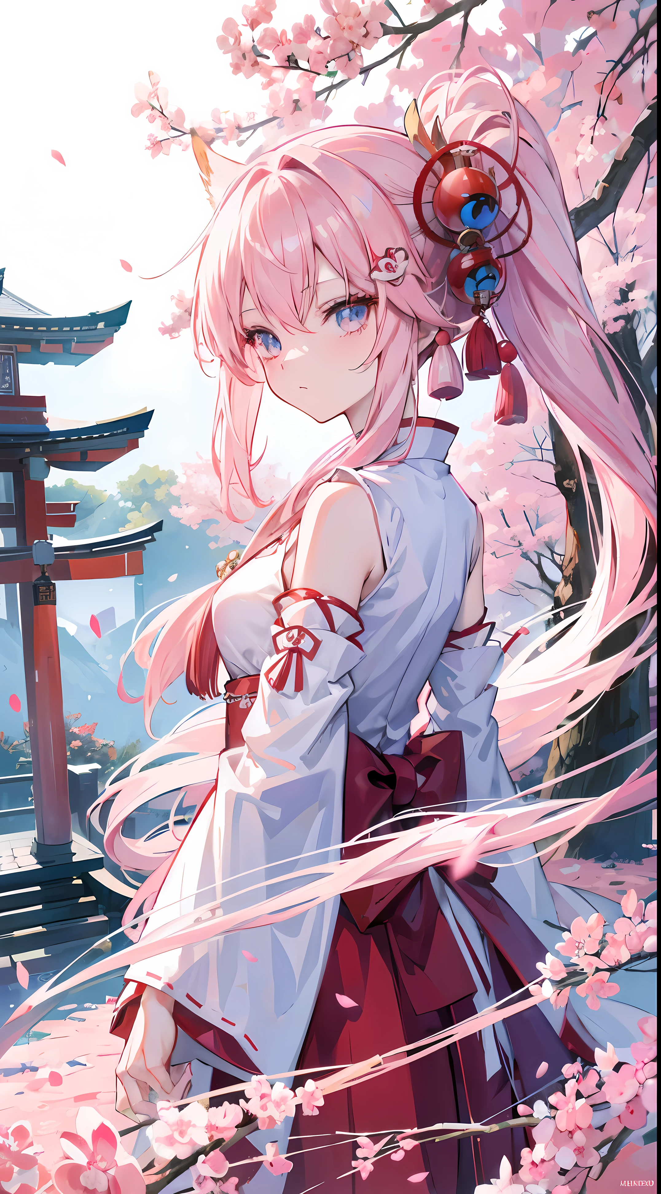 1 fox girl,change , Long white hair, Blue and pink eyes, Wearing a red Miko dress, A Japanese shrine, Ridiculous resources, A high resolution, Super sharp, Anime art wallpaper 4k, tmasterpiece, looking at viewert