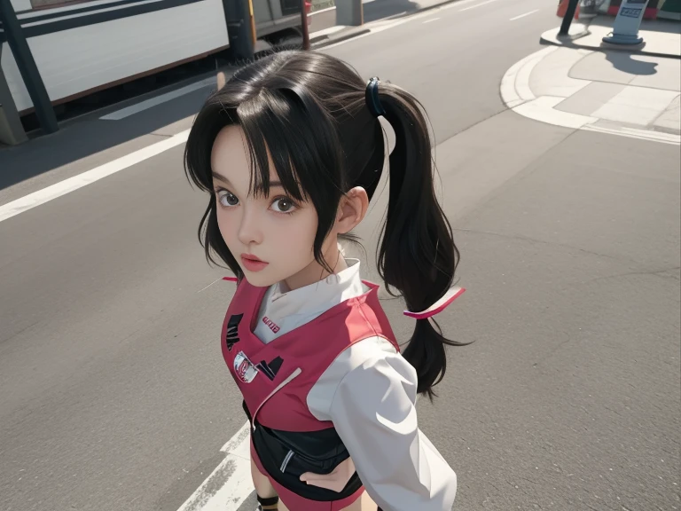 Videl, Pigtails, 1girl, anime screencap, highly detailed, 8k, masterpiece, best quality, spiked hair, biker shorts, from above, city background, (looking at viewer)