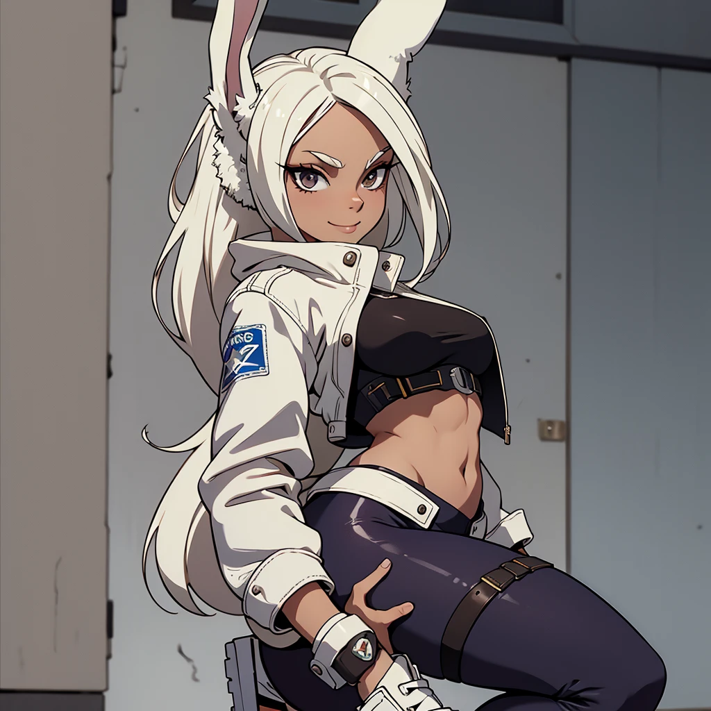 beautiful young warrior with bunny ears on her head, standingn ,com rosto bem detalhado e bonito, belos olhos, belos olhos, rosto lindo, mulher jovem e bonita vestindo leggings longas com detalhes pretos, , usando jaqueta de aviador couro preta, standingn em um castelo, usando bota preta, cabelo comprido branco, ,orelhas de coelho, belo sorriso, Tomboy, um pouco musculoso,suter branco com cinta em volta, olhar serio,usando jaqueta de couro , leather jacket,usando tenis all star, standingn