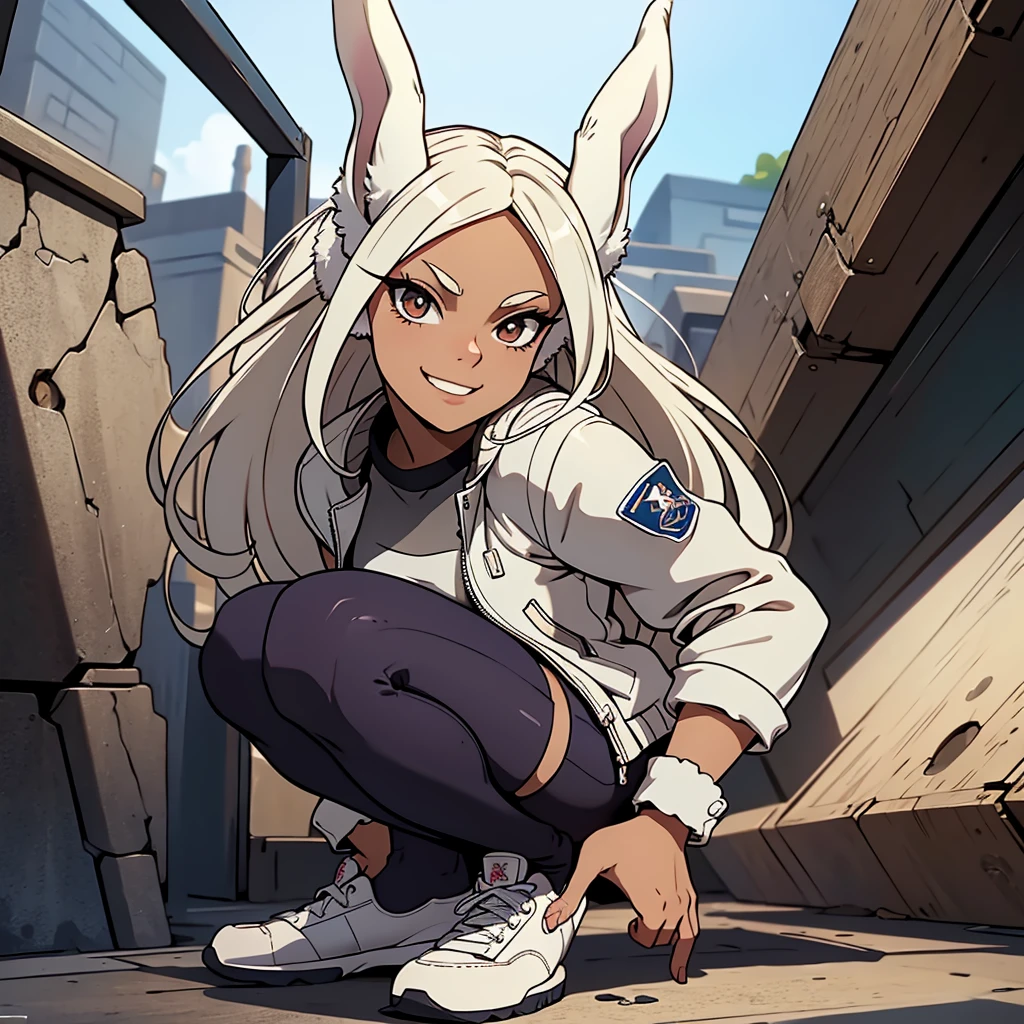 beautiful young warrior with bunny ears on her head, standingn ,com rosto bem detalhado e bonito, belos olhos, belos olhos, rosto lindo, mulher jovem e bonita vestindo leggings longas com detalhes pretos, , usando jaqueta de aviador couro preta, standingn em um castelo, usando bota preta, cabelo comprido branco, ,orelhas de coelho, belo sorriso, Tomboy, um pouco musculoso,suter branco com cinta em volta, olhar serio,usando jaqueta de couro , leather jacket,usando tenis all star, standingn