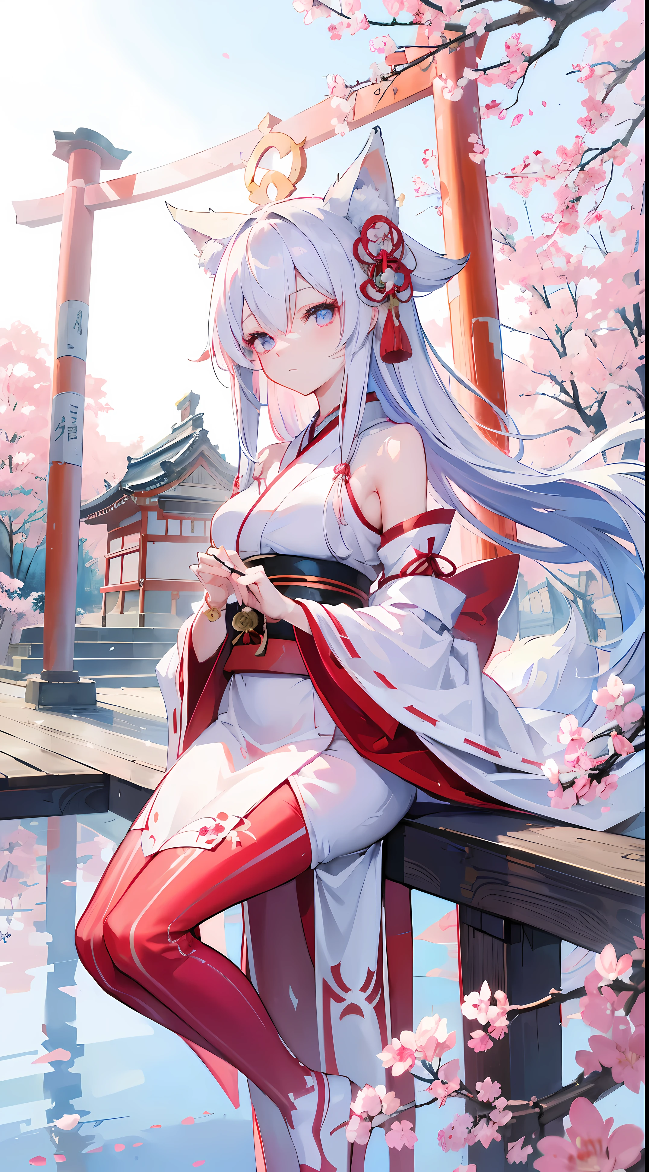 1 fox girl,change , Long white hair, Blue and pink eyes, Wearing a red Miko dress, A Japanese shrine, Ridiculous resources, A high resolution, Super sharp, Anime art wallpaper 4k, tmasterpiece, looking at viewert