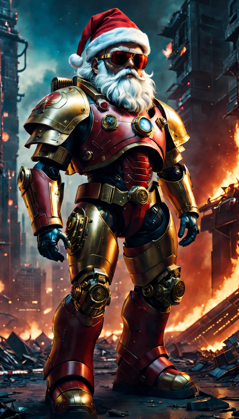 Warhammer 40K universe cybernetic santa claus，Mechanical suit of red and gold armor，sparkly blue color sunglasses，Intense war-like environment，Destroyed buildings and flames，The background is a futuristic cityscape，Radar integrated in Santa hat，severe and threatening atmosphere，Sci-fi cyberpunk aesthetics，High contrast and desaturated tones，Dramatic and dynamic lighting effec quality,4k,highres,masterpiece:1.2),ultra-detailed,(realistic,photorealistic,photo-realistic:1.37)