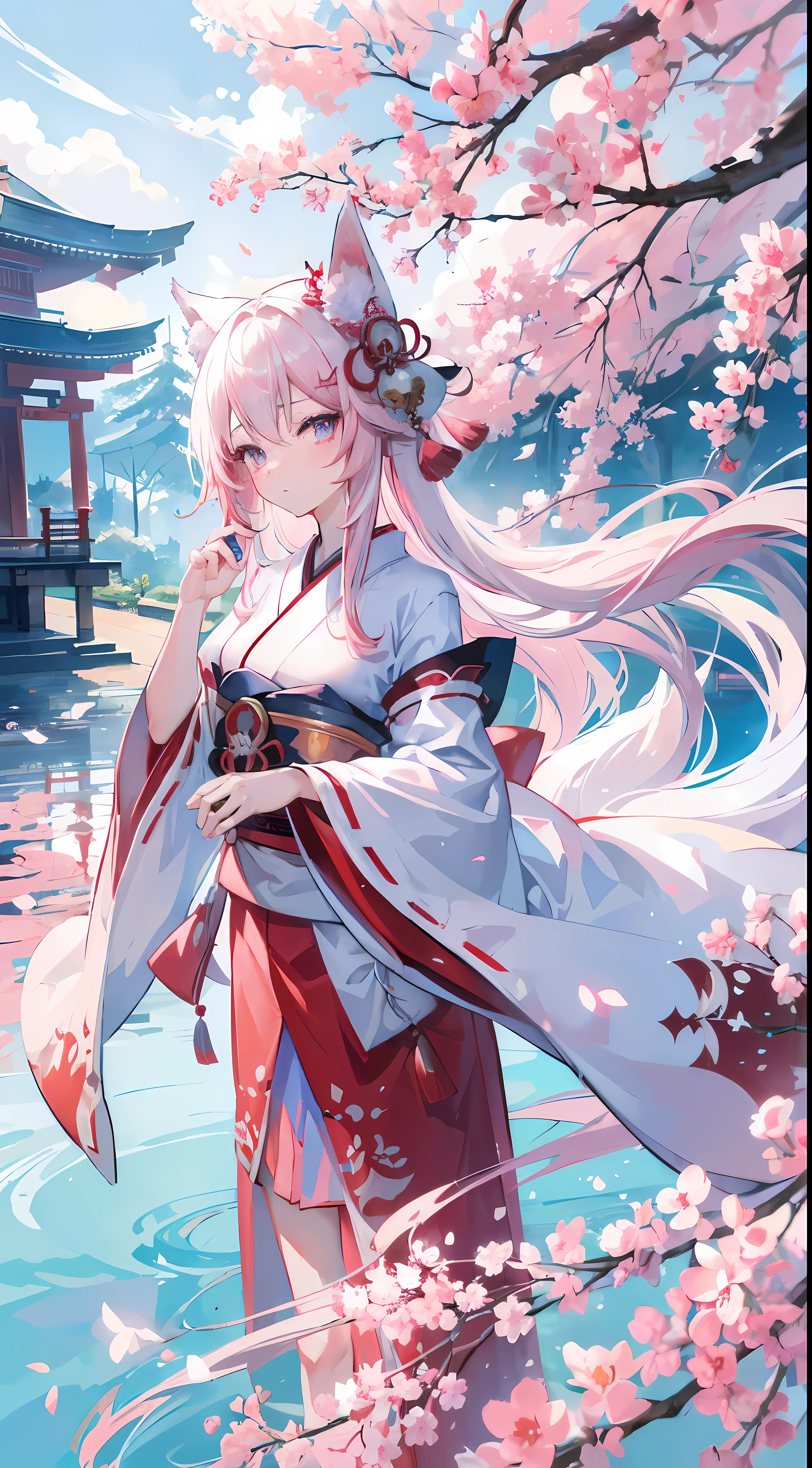 1 fox girl,change , Long white hair, Blue and pink eyes, Wearing a red Miko dress, A Japanese shrine, Ridiculous resources, A high resolution, Super sharp, Anime art wallpaper 4k, tmasterpiece, looking at viewert