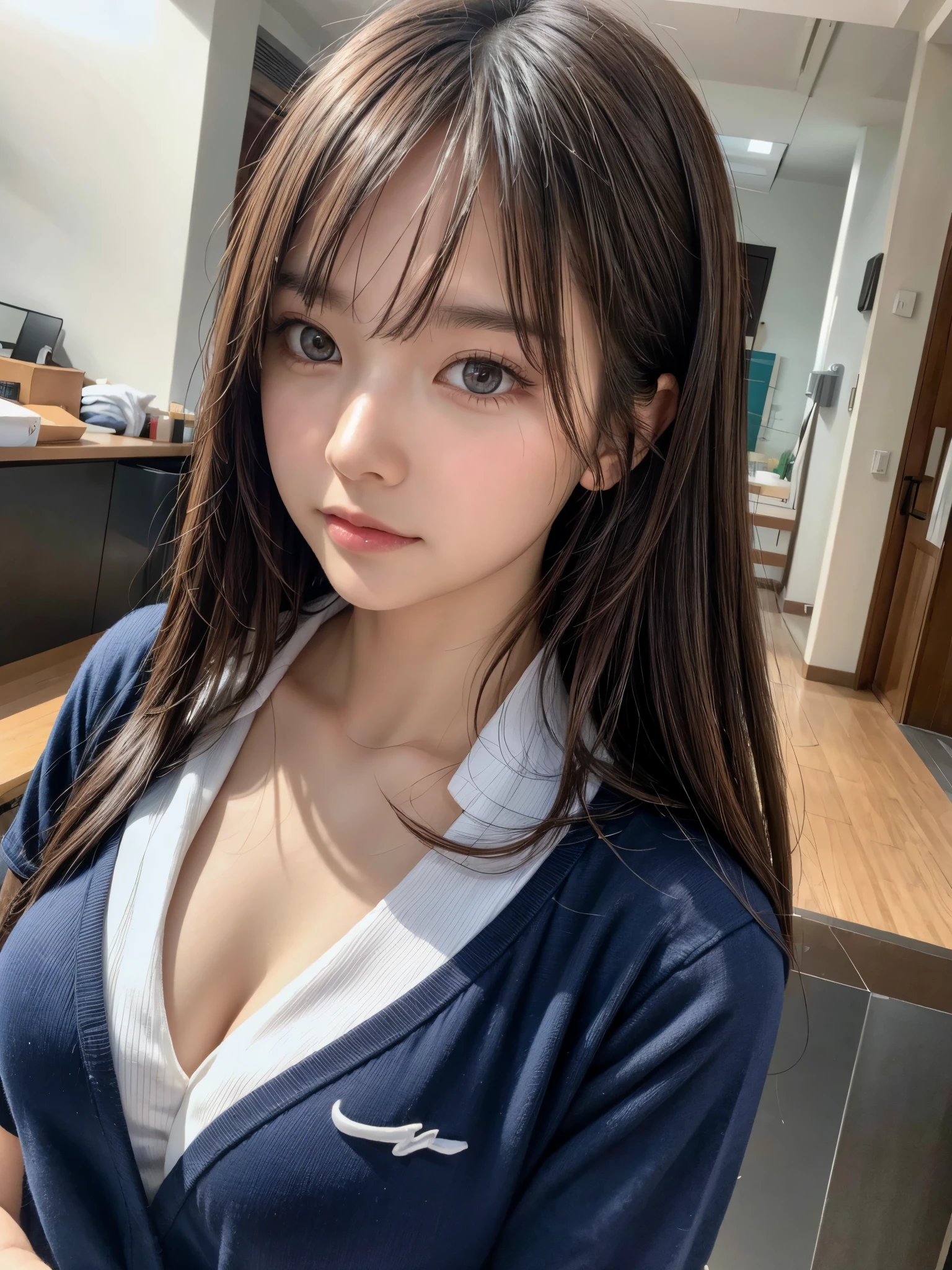 (8k,masterpiece, RAW photo,best quality:1.4),(photo realistic:1.2),(extremely detailed face),(shiny skin),(detailed skin),(detailed face),(extremely beautiful face),1girl,looking at viewer,Japanese idle(actress), brown hair,medium hair,straight hair,asymmetrical bangs,smile,glamor,large breasts, (school uniform:1.3),christmas market, face focus/close up,natural lighting