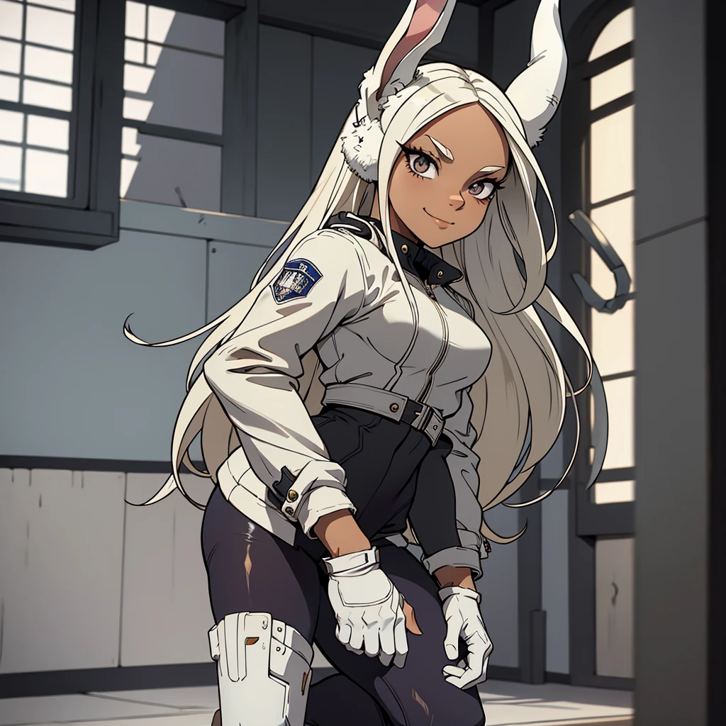 beautiful young warrior with bunny ears on her head, com rosto bem detalhado e bonito, belos olhos, belos olhos, rosto lindo, mulher jovem e bonita vestindo leggings longas com detalhes pretos, , usando jaqueta de aviador couro preta, Standing in a castle, usando bota preta, cabelo comprido branco, ,orelhas de coelho, belo sorriso, Tomboy, um pouco musculoso,suter branco com cinta em volta, olhar serio,usando jaqueta de couro , leather jacket,usando tenis all star