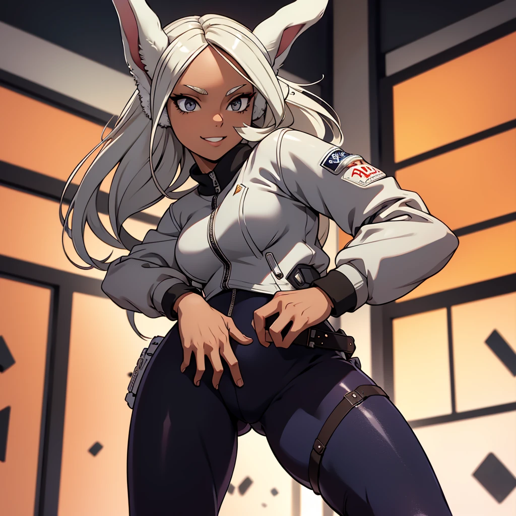beautiful young warrior with bunny ears on her head, standingn ,com rosto bem detalhado e bonito, belos olhos, belos olhos, rosto lindo, mulher jovem e bonita vestindo leggings longas com detalhes pretos, , usando jaqueta de aviador couro preta, standingn em um castelo, usando bota preta, cabelo comprido branco, ,orelhas de coelho, belo sorriso, Tomboy, um pouco musculoso,suter branco com cinta em volta, olhar serio,usando jaqueta de couro , leather jacket,usando tenis all star, standingn