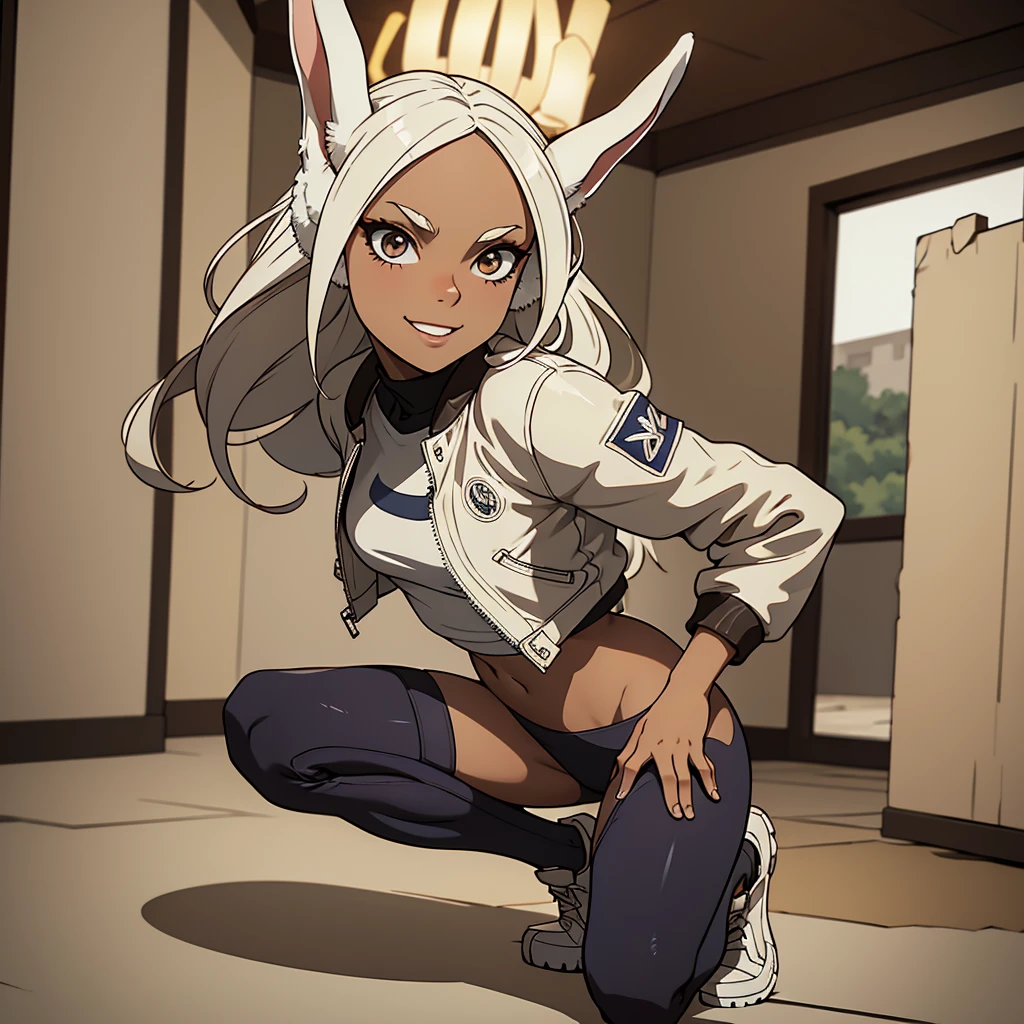 beautiful young warrior with bunny ears on her head, standingn ,com rosto bem detalhado e bonito, belos olhos, belos olhos, rosto lindo, mulher jovem e bonita vestindo leggings longas com detalhes pretos, , usando jaqueta de aviador couro preta, standingn em um castelo, usando bota preta, cabelo comprido branco, ,orelhas de coelho, belo sorriso, Tomboy, um pouco musculoso,suter branco com cinta em volta, olhar serio,usando jaqueta de couro , leather jacket,usando tenis all star, standingn