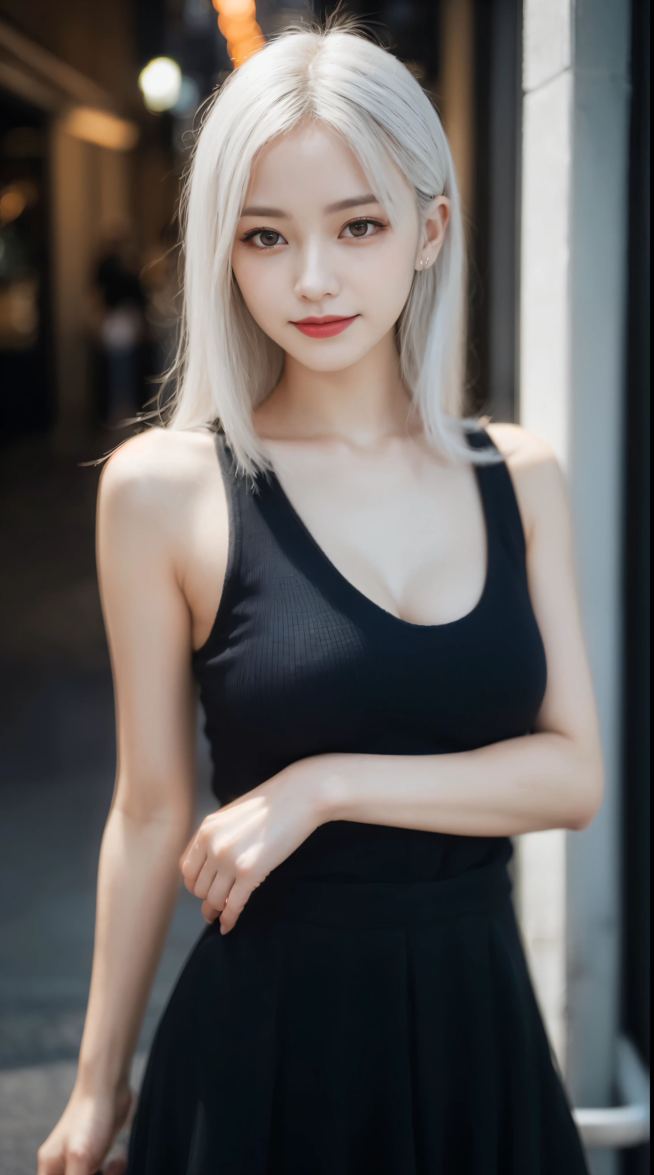 randome pose, mix4, (8K, Raw photography, top-quality, masterpiece: 1.45), (realisitic, Photorealsitic: 1.37), 一人のgirl with, cute little, A smile、Cityscape, natta, profetional lighting, cafes,Street,photon maping, Radio City, physically-based renderingt, Gradient black hair, white hair, Semi-long loose hair,gals,a handsome, girl with, large full breasts,off shoulders, Tight clothes,Onepiece,Tight skirt,top-qualityの, hight resolution, 1080p, (clearface), (Detailed face description), (Detailed hand description), (masterpiece), 逼真, extreme light and shadows, dishevled hair, masterpiece, lush detail, (Fine facial features), (Highest Quality Photos), (masterpiece), (finely eye), dual、Look in front of you, Fine clavicle,Emphasis on the armpits、Show lower milk