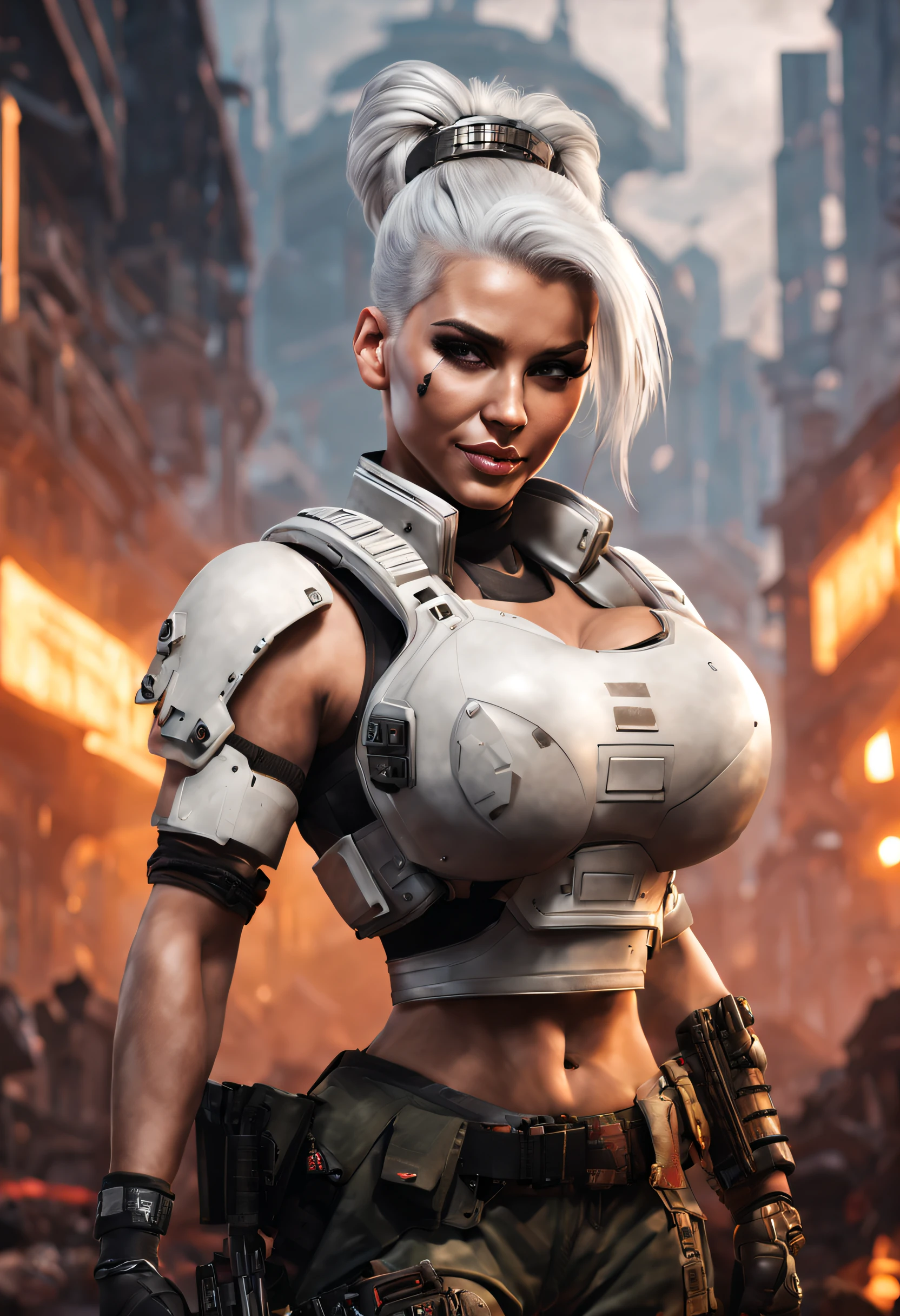best quality, masterpiece, cyberpunk 1girl, (solo:1.1), ultra detailed,detailed face, 8k wallpaper, platinum white hair in a bun, wide hips, smile, military female soldier with gear of war, city background, smoke and rubbles,