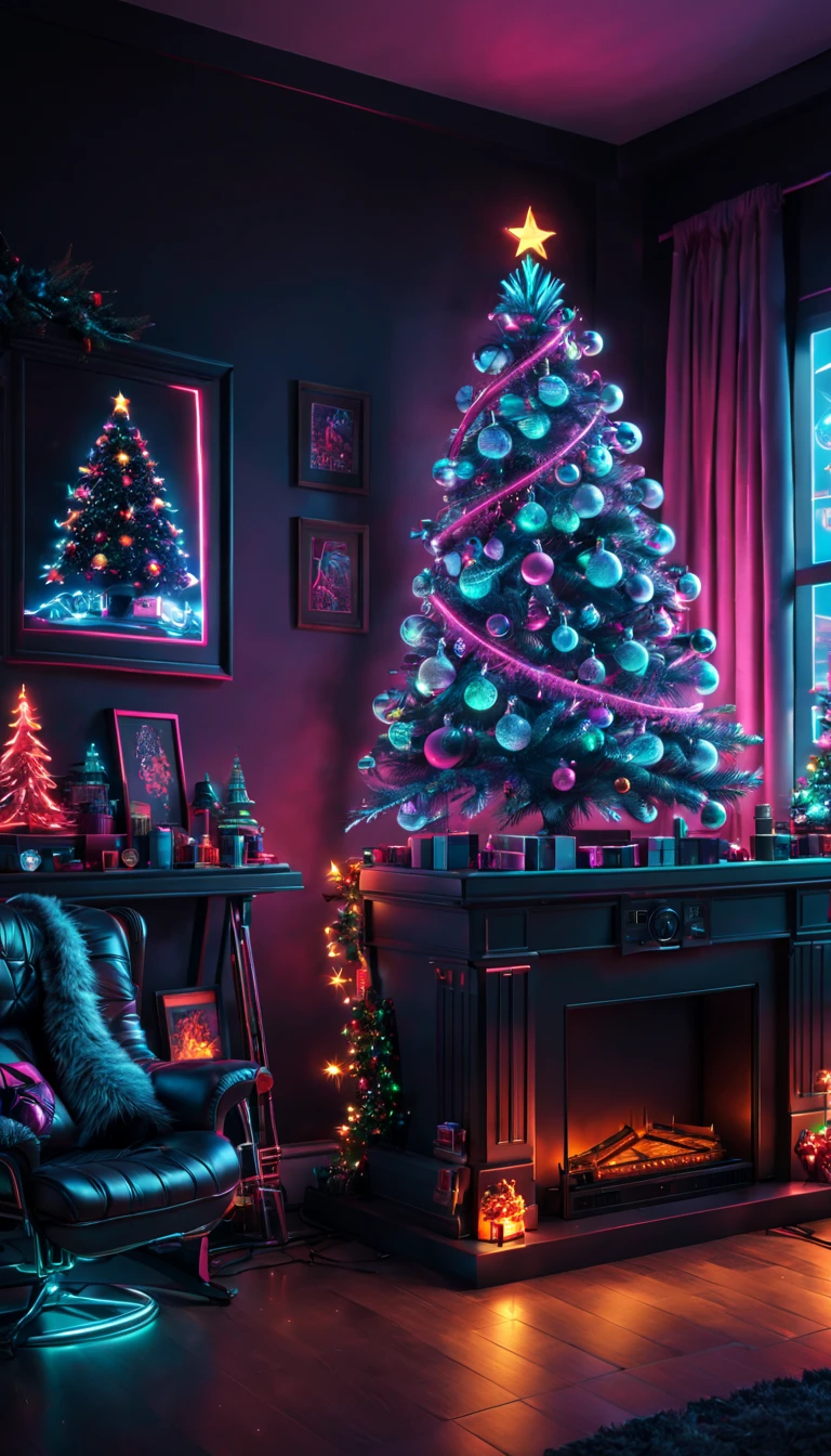 (best quality,4k,8k,highres,masterpiece:1.2),ultra-detailed,(realistic,photorealistic,photo-realistic:1.37),cyberpunk,Christmas-themed,living room,neon lights,punk elements,futuristic furniture,festive decorations,punk Christmas tree,ornaments,glowing,cybernetic implants,sleek,metallic surfaces,glass panels,reflective surfaces,punk-style fireplace,shimmering,punk fashion,high-tech gadgets,sparkling lights,tech-inspired Christmas stockings,vivid colors,enhanced reality projection,musical hologramest.