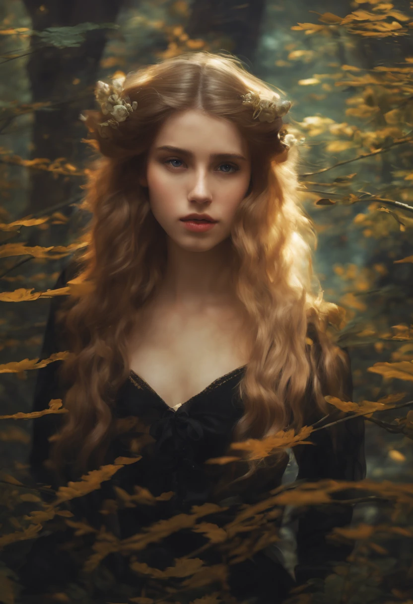 (Rotes Hemd, schwarze Krawatte), Kurze Haare Haare, schwarzes Haar, sehr detailliert, ((tmasterpiece, great quality)), a 1girl, Solo, Nahaufnahme Gesicht, bust, European face,Pre-Raphaelite masterpiece, Extremely beautiful young fantasy princess in the aesthetic forest, glow, Bows, blondes Haar, Hinterleuchtetes Haar, fotorealistisch, Dreamy, Weichzeichnungseffekt ,Transparentes Kleid