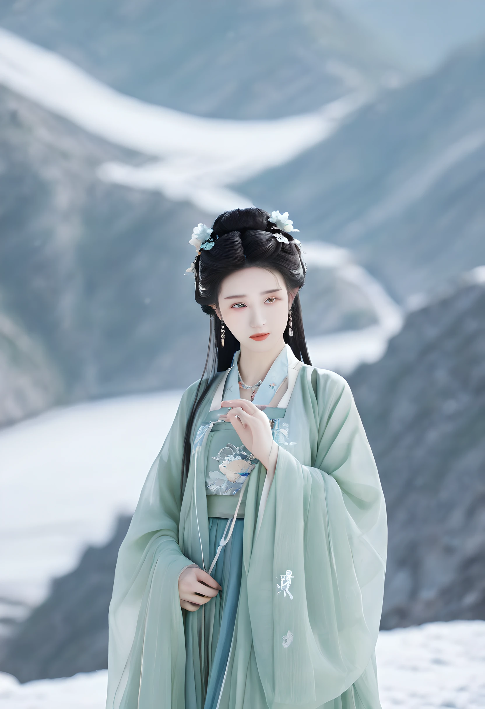 tmasterpiece,Best quality,8K,offcial art,超高分辨率,1 busty girl,looking at viewert,Chinese clothes,Hanfu,jewely,hair adornments,upper part of body,Alone,ear nipple ring,snow mountains,废墟,Flowers,black hair color hair,choker necklace,teeth,hair-bun,a skirt,avas,头发 Flowers 身体esbian)),a skirt,Hanfu,embroidery,Exquisite,meticuloso,(gossamer:1.4),