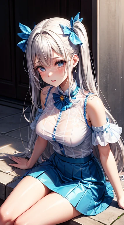 masuter piece,dynamic view,shiny plastic,Barbie doll-like,Crying face,Doll girl in a makeup box, Slender big,Put out the nipples,Silvery hair,Wet skin,thin waist,Light blue see-through shoulder blouse,clear vinyl mini skirt,sitting on,depth of fields,