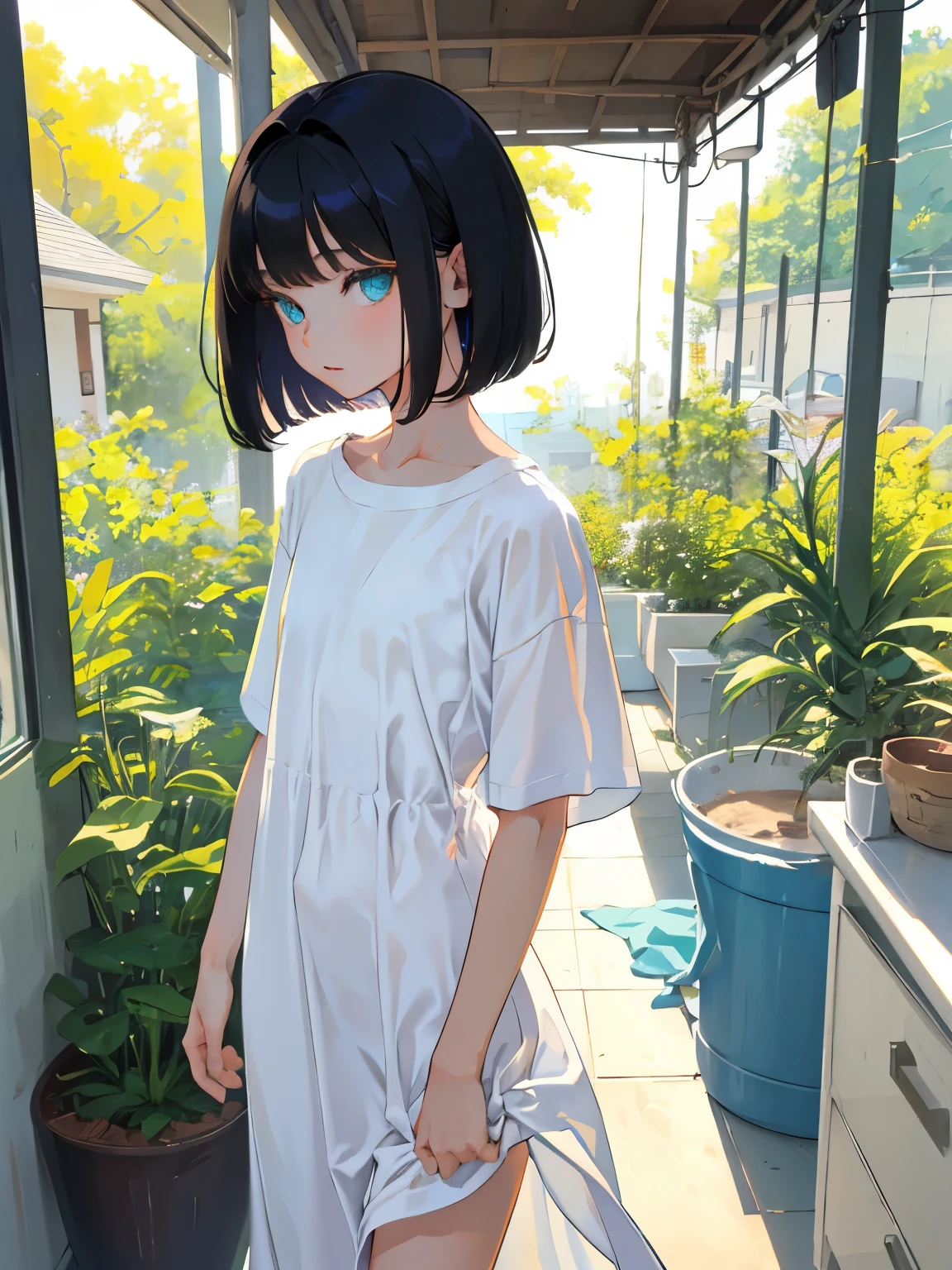 （​masterpiece，Highest Quality），()，((Long White T-Shirt，Thin dress))，(A dark-haired，Medium bob)，Turquoise eyes，sleepy expression，Delicate body