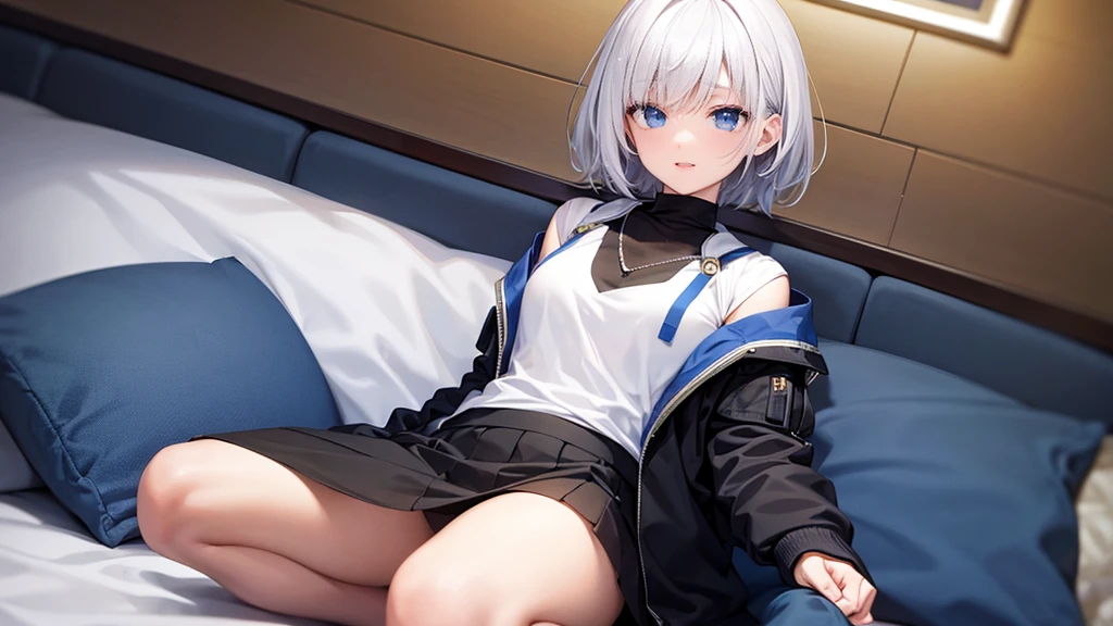Ultra-high image quality,Look at viewers, hands behind back, girl with, 20 years old, Very short hair, long bangs between eyes, blue eyess,Black eyes, Hoodie, Skirt , Extremely detailed,(masterpiece、top-quality),White hair、A smile、Fantastical, Silver hair,, Hoodie, White hoodie,a black skirt,Hair is short,White jacket, Casual style,Open jacket, , look down from above、open open mouth、5 fingers、inside in room、sleeps in a bed、