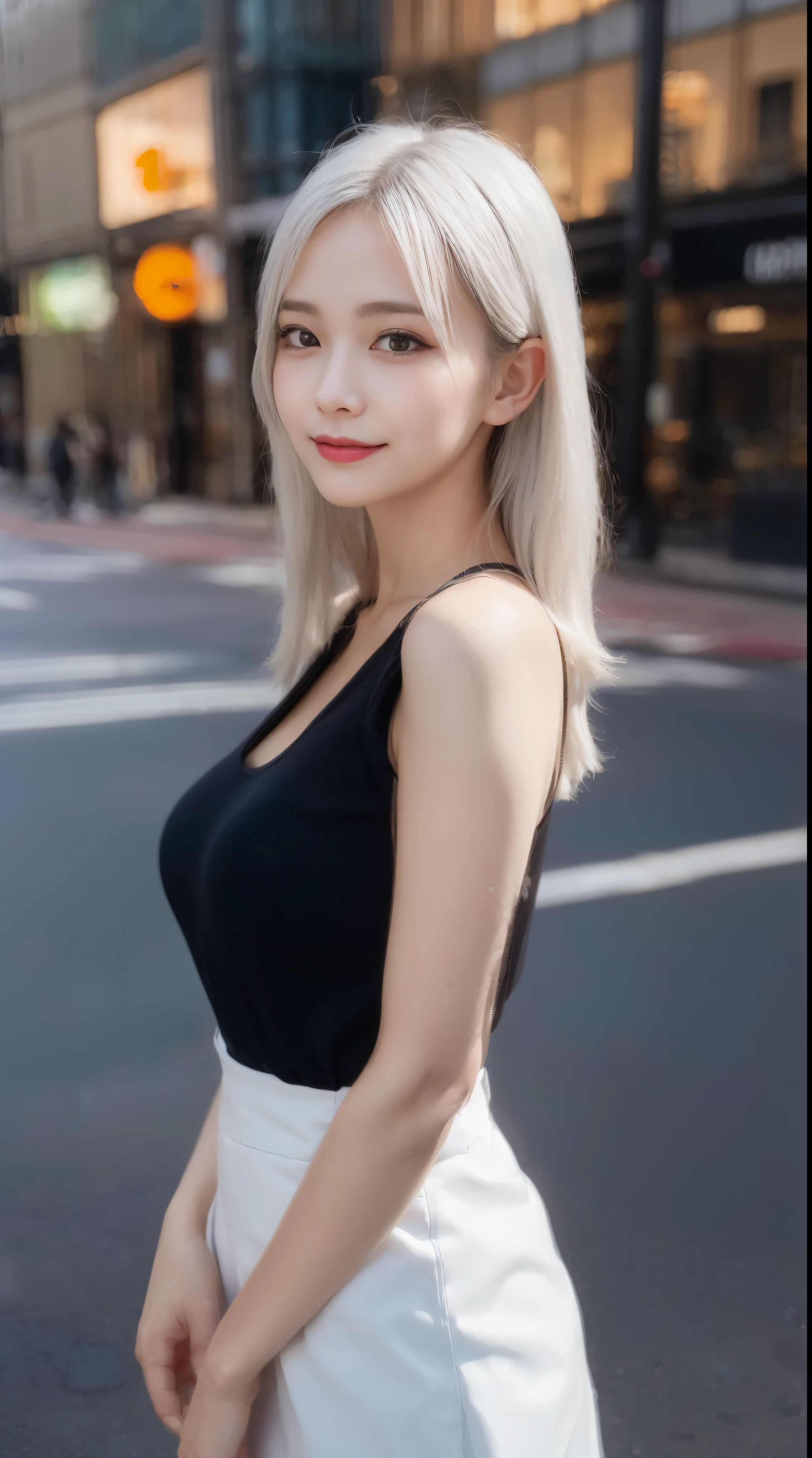randome pose, mix4, (8K, Raw photography, top-quality, masterpiece: 1.45), (realisitic, Photorealsitic: 1.37), 一人のgirl with, cute little, A smile、Cityscape, natta, profetional lighting, cafes,Street,photon maping, Radio City, physically-based renderingt, Gradient black hair, white hair, Semi-long loose hair,gals,a handsome, girl with, large full breasts,off shoulders, Tight clothes,Onepiece,Tight skirt,top-qualityの, hight resolution, 1080p, (clearface), (Detailed face description), (Detailed hand description), (masterpiece), 逼真, extreme light and shadows, dishevled hair, masterpiece, lush detail, (Fine facial features), (Highest Quality Photos), (masterpiece), (finely eye), dual、Look in front of you, Fine clavicle,Emphasis on the armpits、Show lower milk