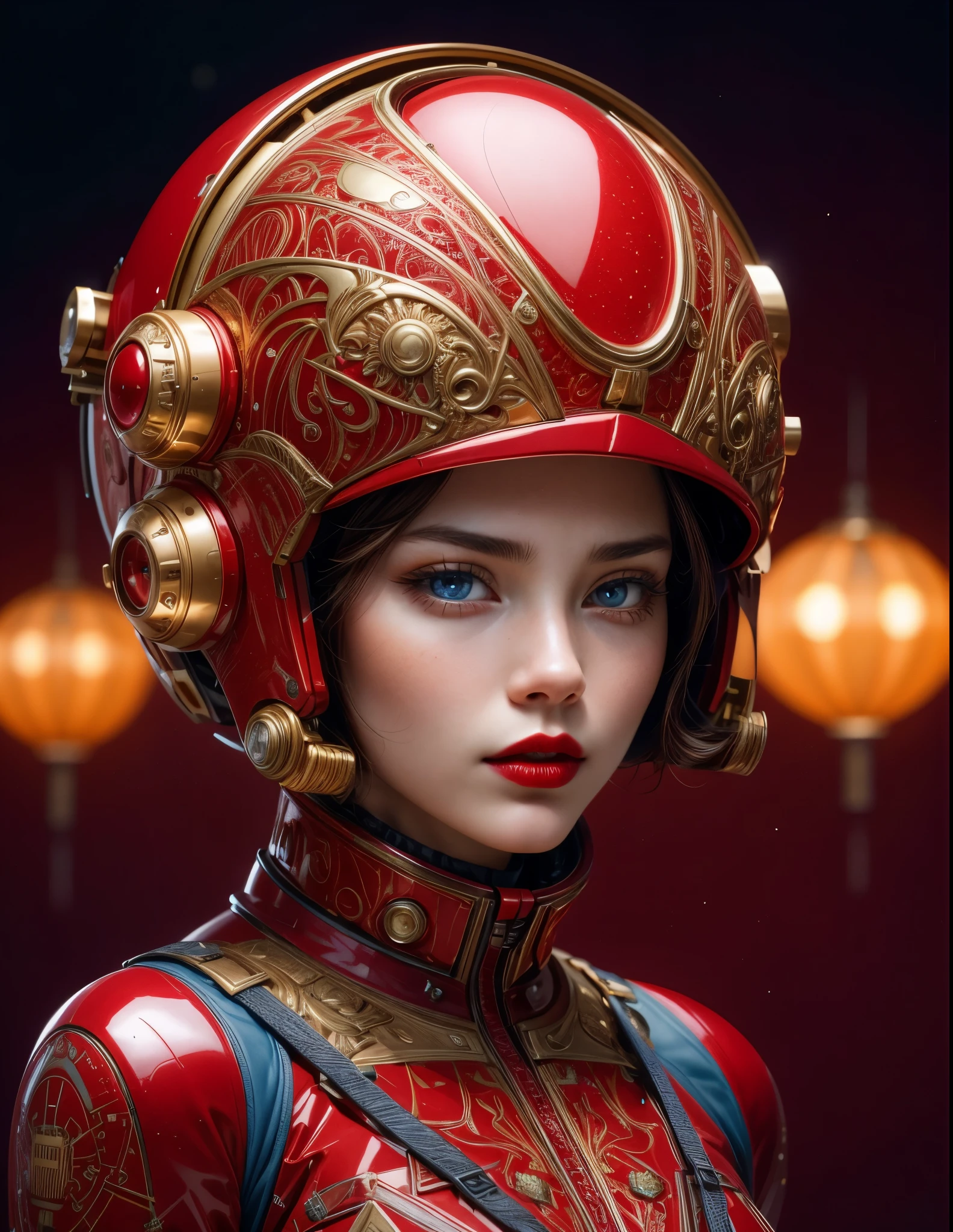 Beautiful girl wearing a red hat and red lipstick, blue eyes, Brown hair, Portraits of women of the future, Armored girl astronaut portrait, modern woman of the future, Portrait of Sci Women - Fi, Beautiful woman in space suit, (Realistic face details), intricate detailed, very high details, photo-hyper-realistic, 8k, UHD, hyperdetailed,