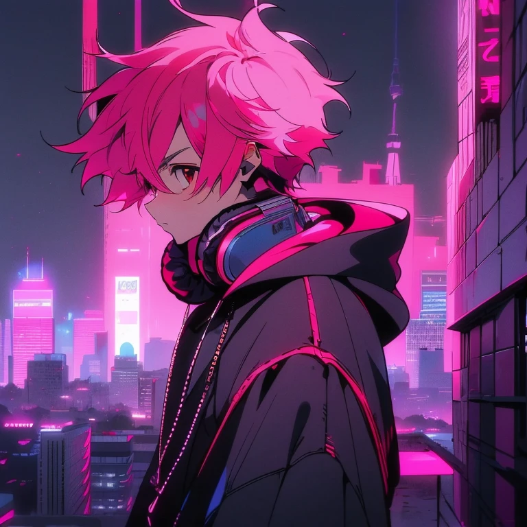 (short-cut), (Two-block hair), (vivid pink hair), (male character), (Red Eyes), (Cool pose), (of the highest quality), (​masterpiece), (ultra-detailliert), (Oversized hoodies), (Street), (neons), (Camera from a down angle), (Modern City), (neonsデイライト), (Cinematic), (Stylish), (hight resolution), (Hyper Detailed), (Looking at the camera), (Anime-style), (Softtown), (nightcore), (a handsome man), (Listening to music through headphones), (natural appearance of the building), (casual), (ig studios anime style), (Super beautiful angle of view),