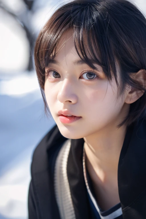 ((Best Quality)), ((masutepiece)), (Detailed), Perfect face、1人の女性、Anxious face、short-cut、light skinned、The background is a winter scene、Well-formed eyebrows、A dark-haired、23years old、24 year old、Has a blue inner color、depth of fields