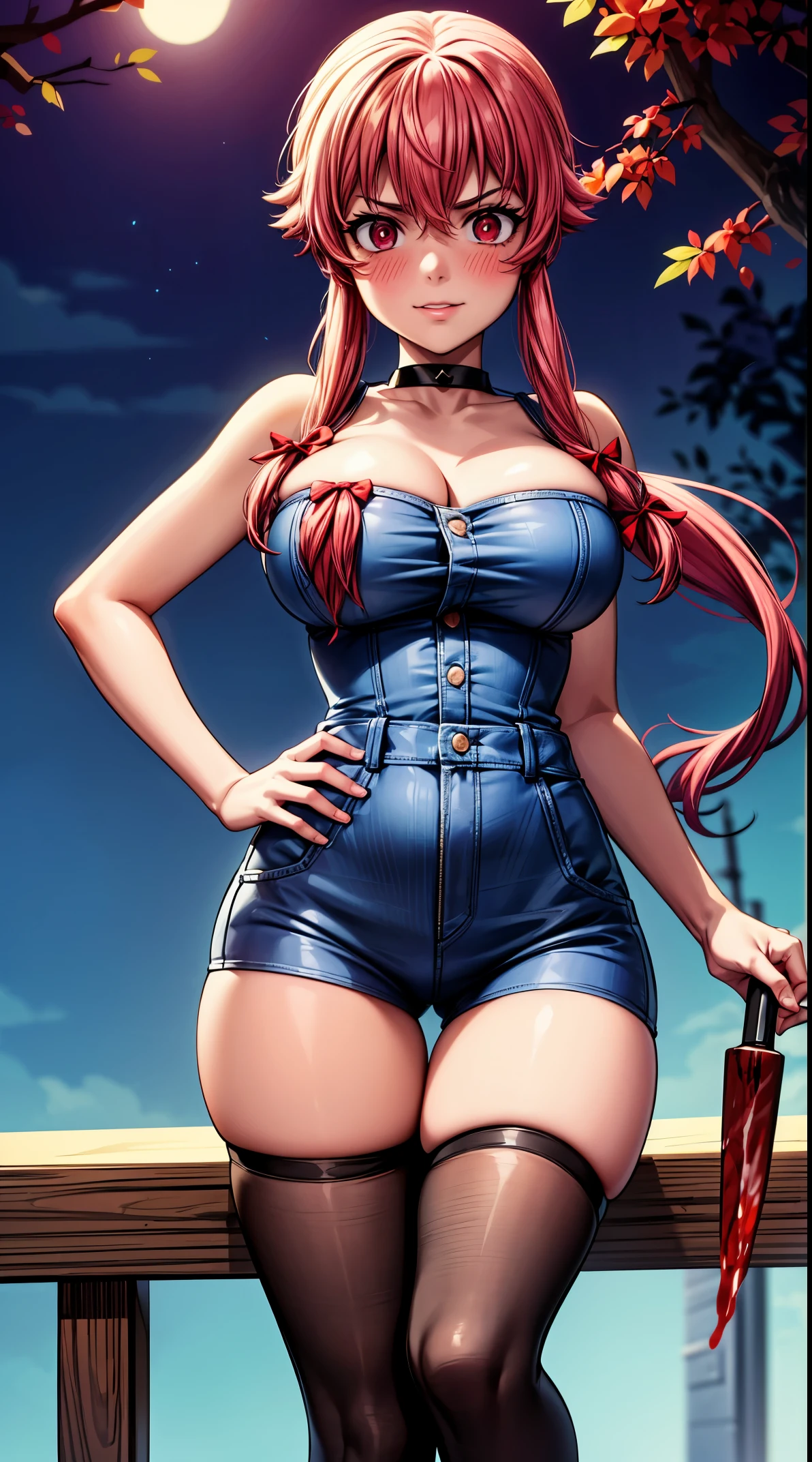 explicit, beautiful, amazing, high quality, detailed background, a woman with large breast in a woods, 1girl, breasts , , , pink hair, large breasts, twintails, long hair, solo focus, mirai nikki, black choker, dark grey overalls, leather gloves, black bootace mask)), red eyes, chasing you through the woods, ((nigth)), crazy, ((crazy eyes)), ((crazy stare)) holding a bloody knife, (fanart of Gasai Yuno), (angry eyes:1.1), (perfect hands:1.4), (masterpiece), best quality, expressive eyes, VHS, ((nigth)), (Parfect Hand:1.3), 4k, 8k, 1980s, from below, (standing over you), wearing a jacket, (Blood:1.1),Horror