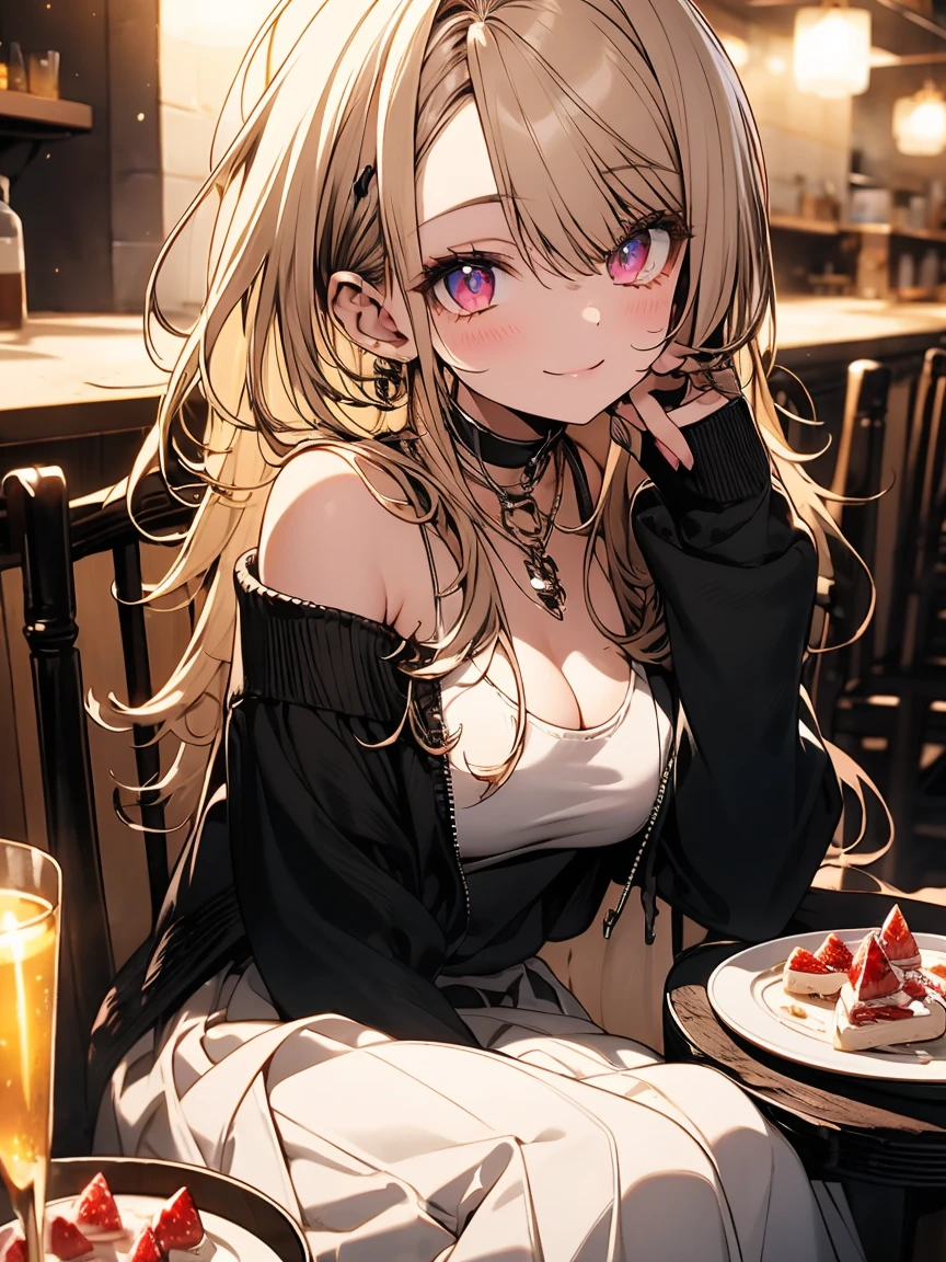 masterpiece, absurdres, best quality, ultra detailed, high Resolution, detailed illustration, extremely beautiful detailed face and eyes, bright colour, 1girl, (loli), cute face, Delicate beautiful face, magenta eyes, cute eyes, sparkling eyes, big eyes, medium breasts, (perky breasts:1.1), (pointy breasts:1.1), medium hips, glamorous body, white skin, smile, BREAK, long bob cut, (blonde hair:0.8), messy hair, detailed hair, shiny hair, BREAK off shoulder sweater, long skirt, tiny ribbon, restaurant, eating shortcake, real world, natural lights, perfect lighting,