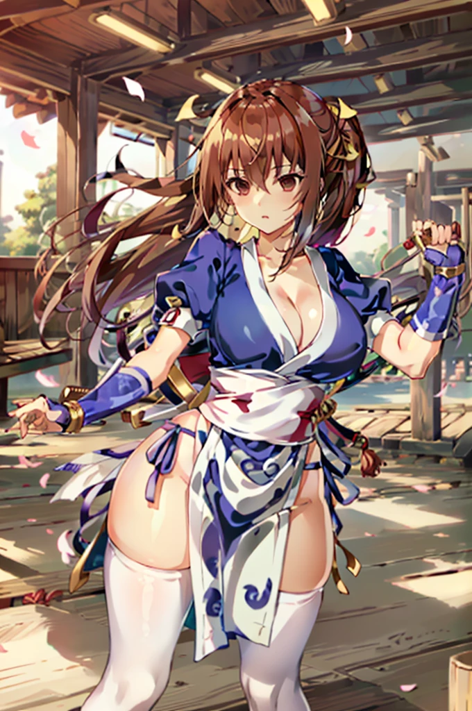 (masutepiece, Best Quality:1.3)
Kashid, 1girl in, Solo, Long hair, breasts, Looking at Viewer, Bangs, Large breasts, Brown hair, thighs thighs thighs thighs, Dress, bow ribbon, cleavage, Brown eyes, medium breasts, Underwear, Standing, Panties, ヘアーbow ribbon, braid, Short sleeves, Cowboy Shot,  Puffy sleeves, 白いthighs thighs thighs thighs, Puffy Short Sleeves, Lips, sash, pelvis curtain, イエローbow ribbon, Realistic, Nose, arm guards, (Inside the futuristic base),hypnoLora,
Empty eyes,Fighting stance