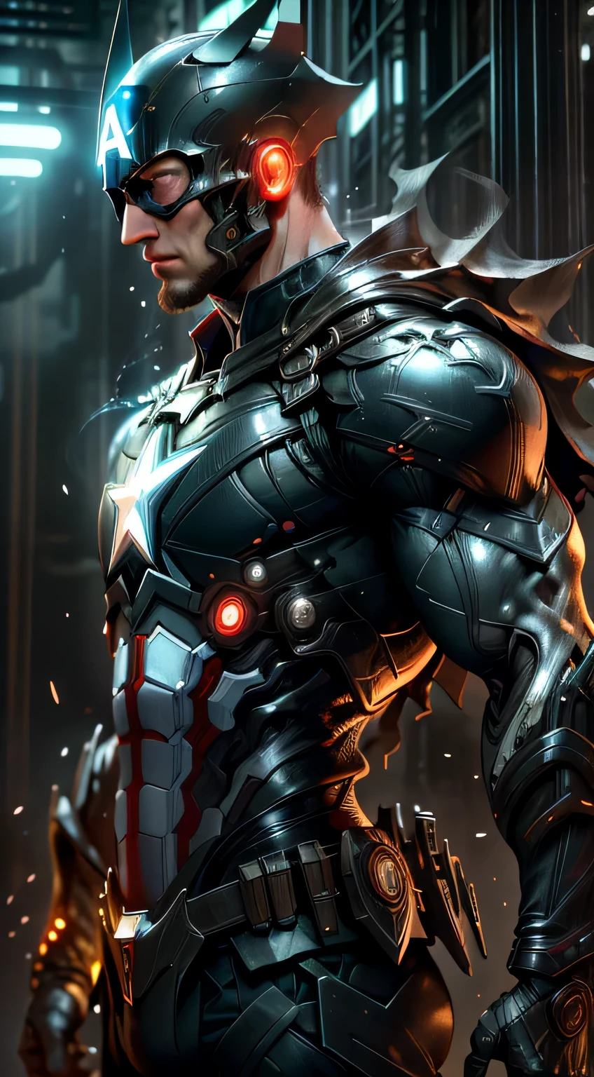 Realistic ,reluzente, Reflexivo, bioluminic, Captain America, segurando faca ensanguentada, em Gotham City, capa, Runas brilhantes _vermelho, corpo inteiro, Kinematic, fundo escuro, luz de fundo, alto contraste,