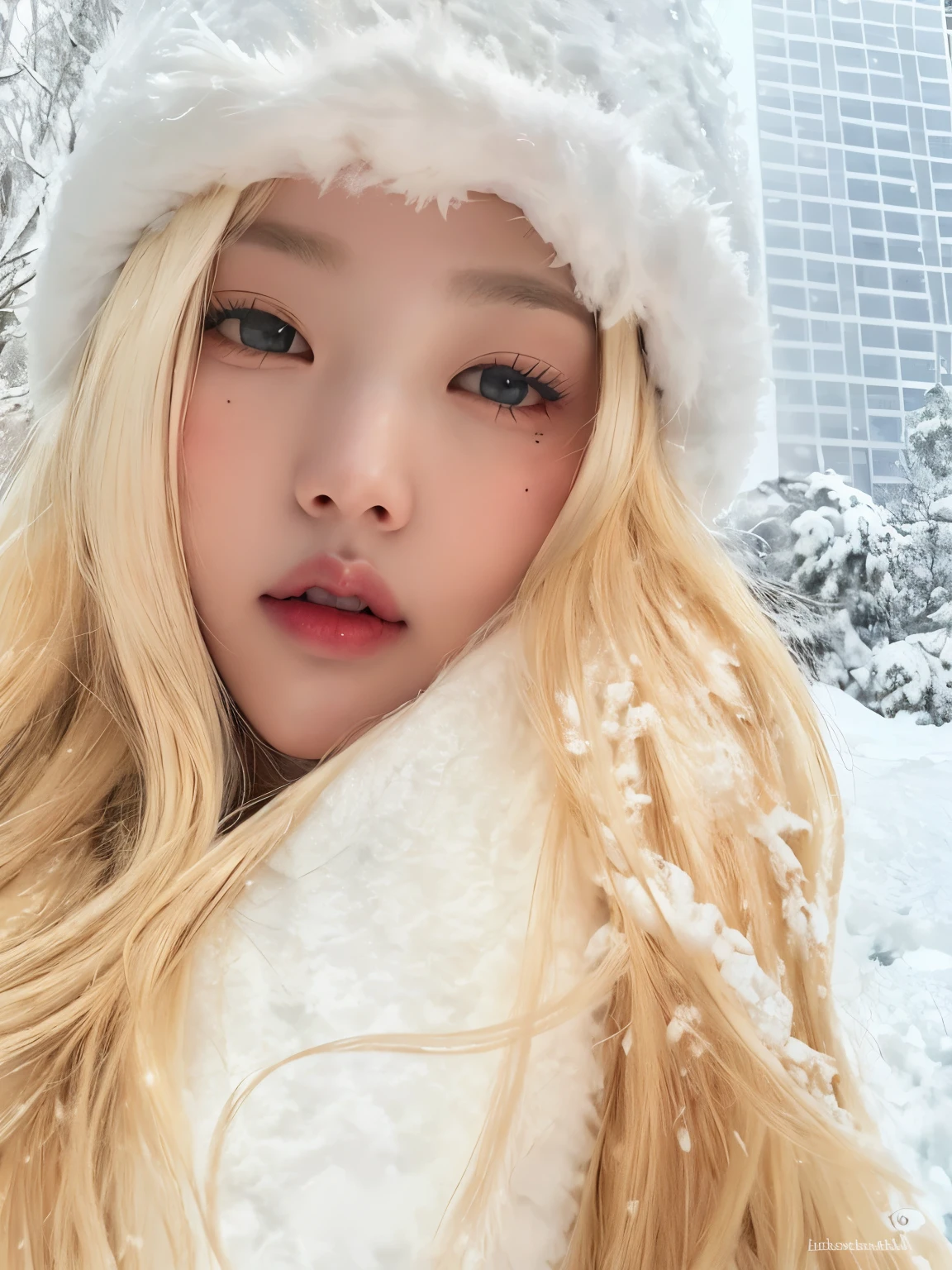 Blonde girl with white fur hat and scarf in the snow, Parque Roseanne do Blackpink, Lalisa Manobal, ava max, jossi do blackpink, Lalisa Manoban do Blackpink, foto de perfil, na neve, com cabelos longos brancos, com longos cabelos brancos, cabelos muito longos cor de neve, frio como ! 🧊, longos cabelos loiros e olhos grandes
