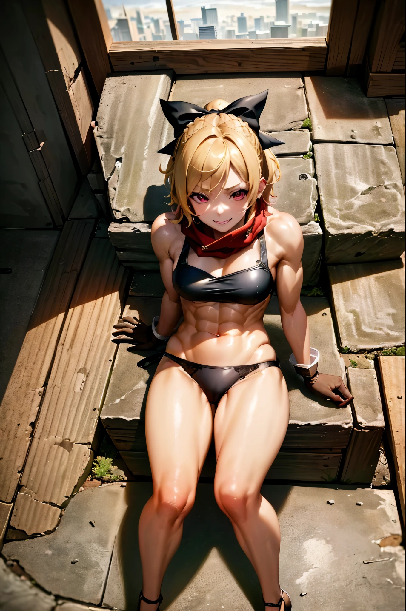 (2 ???? girls)best quality, 4k, ((masterpiece)), extremely detailed, 8k, Trending in ArtStation, intricate, high detail, sharp focus, detailed backfloor, (Fantasy City: 1.4), Roof, 1girl, floor , navel, (blond hair), red eyes, hair bow, red scarf, braid, short hair, small ???????, Looking at the Viewer, smile, midriff, blonde hair, {{{very short and ???? ??????}}}, ( (((wearing very short black panties)))), Gloves, brown Gloves, (muscular legs), (((sitting on the girl's lap))), being aggressive, being wild