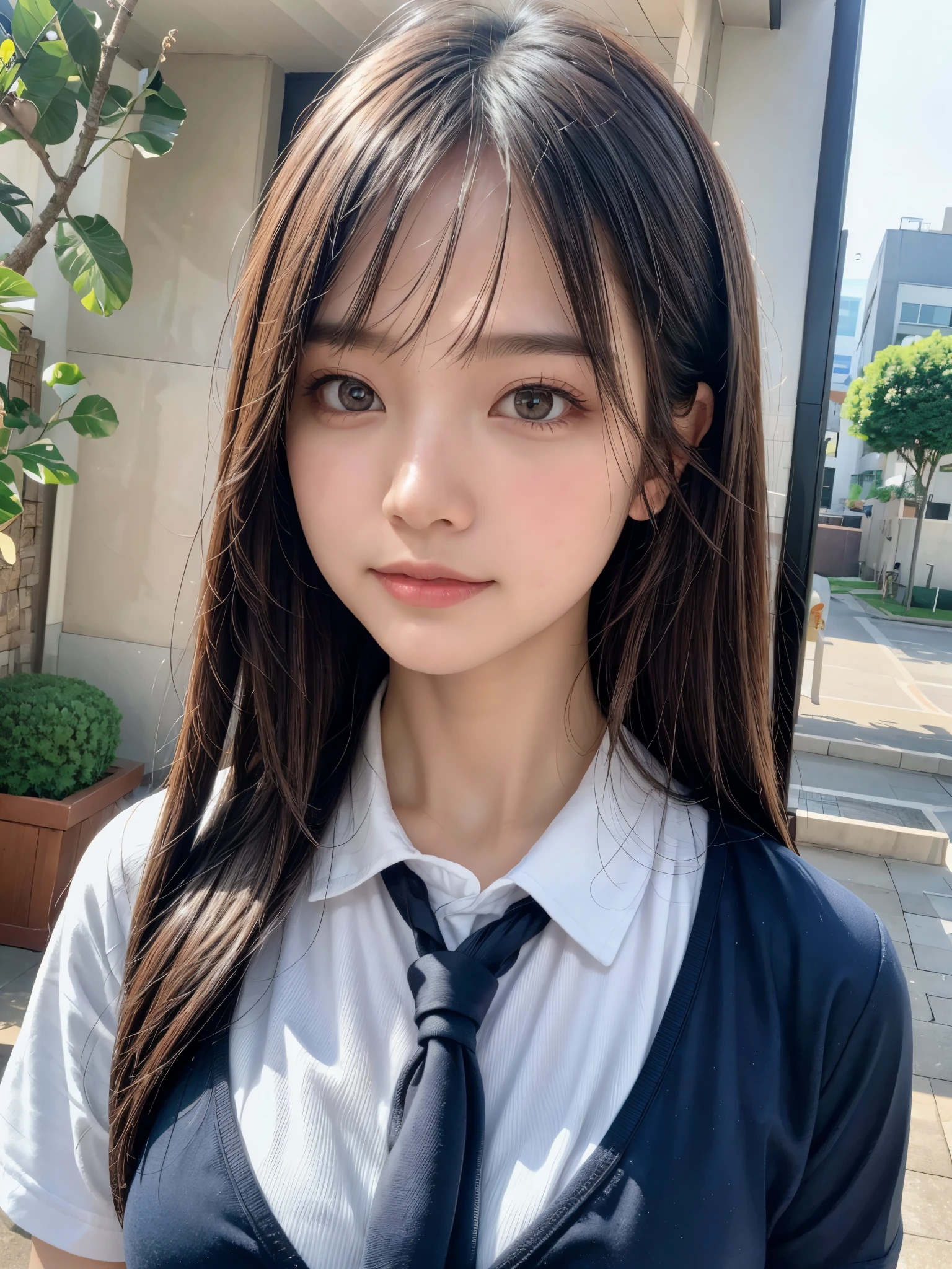 (8k,masterpiece, RAW photo,best quality:1.4),(photo realistic:1.2),(extremely detailed face),(shiny skin),(detailed skin),(detailed face),(extremely beautiful face),1girl,looking at viewer,Japanese idle(actress), brown hair,medium hair,straight hair,asymmetrical bangs,smile,glamor,large breasts, (school uniform:1.3),christmas market, face focus/close up,natural lighting