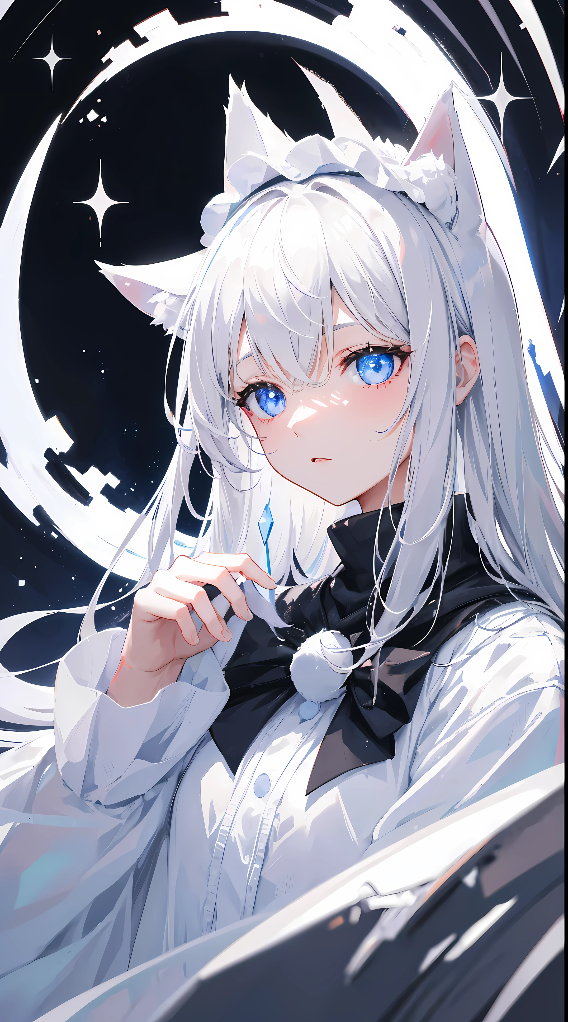 Gray-haired girl, White cat ears, Wearing white witch hat, eBlue eyes