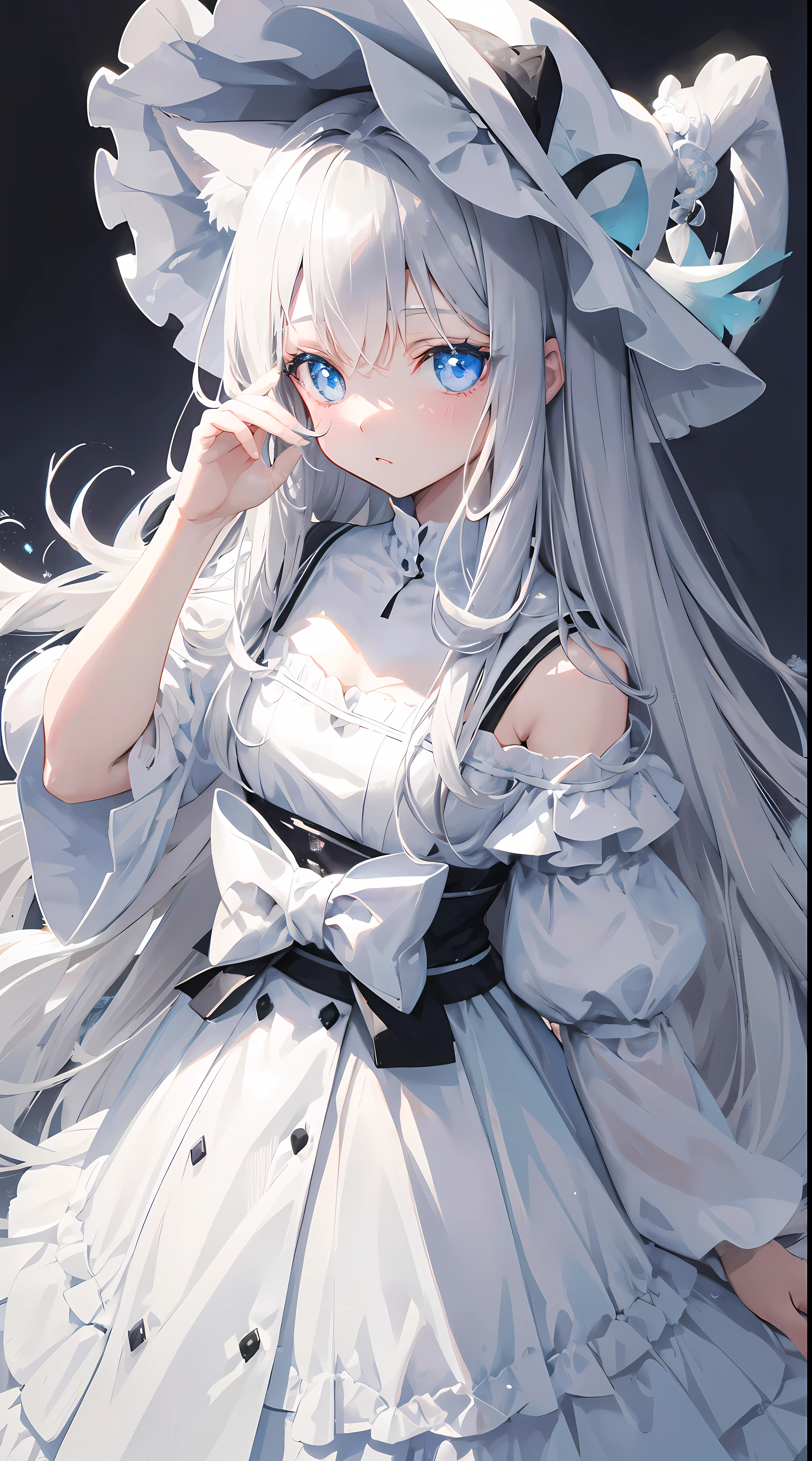 Gray-haired girl, White cat ears, Wearing white witch hat, eBlue eyes