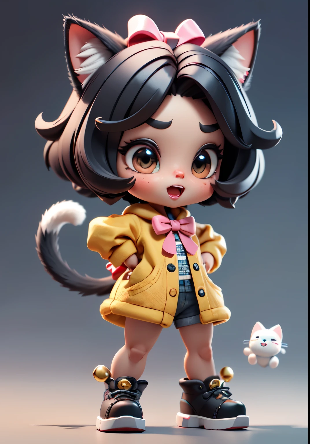 A girl with cat features, very pretty cute cat girl, close mouth, ((full body,Cute moves, fashionable outfit, chibi,)), cat ears, bells, clean background, Big eyes , cat tail, neck with bells, short detailed hair, 3D hair styling, tail with bow，cute, lighting extremely, masterpiece, original best quality, 8k, very beautiful and digital, blender, octane render, popular toys, blind box toys