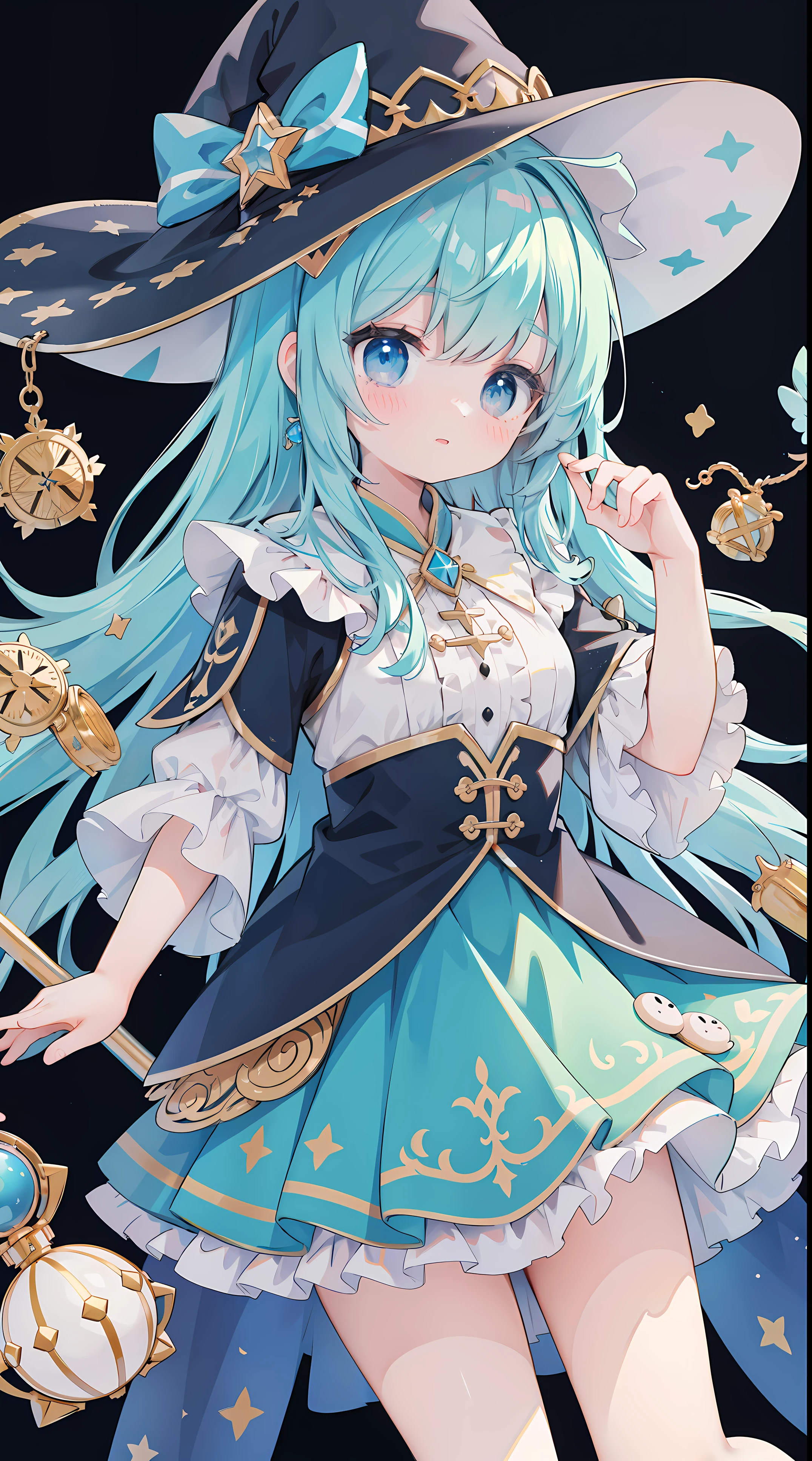 extremely detaild的 CG unified 8k wallpapers, very fine 8KCG wallpapers, Huang Li,show on ,Best quality at best ,ultra - detailed ,Nice face ,tmasterpiece、tmasterpiece、image quality、quality、lightblue hair、Light blue witch costume、a witch's hat、Light blue face、twosideup、light blue eyes、Cute little turtle
