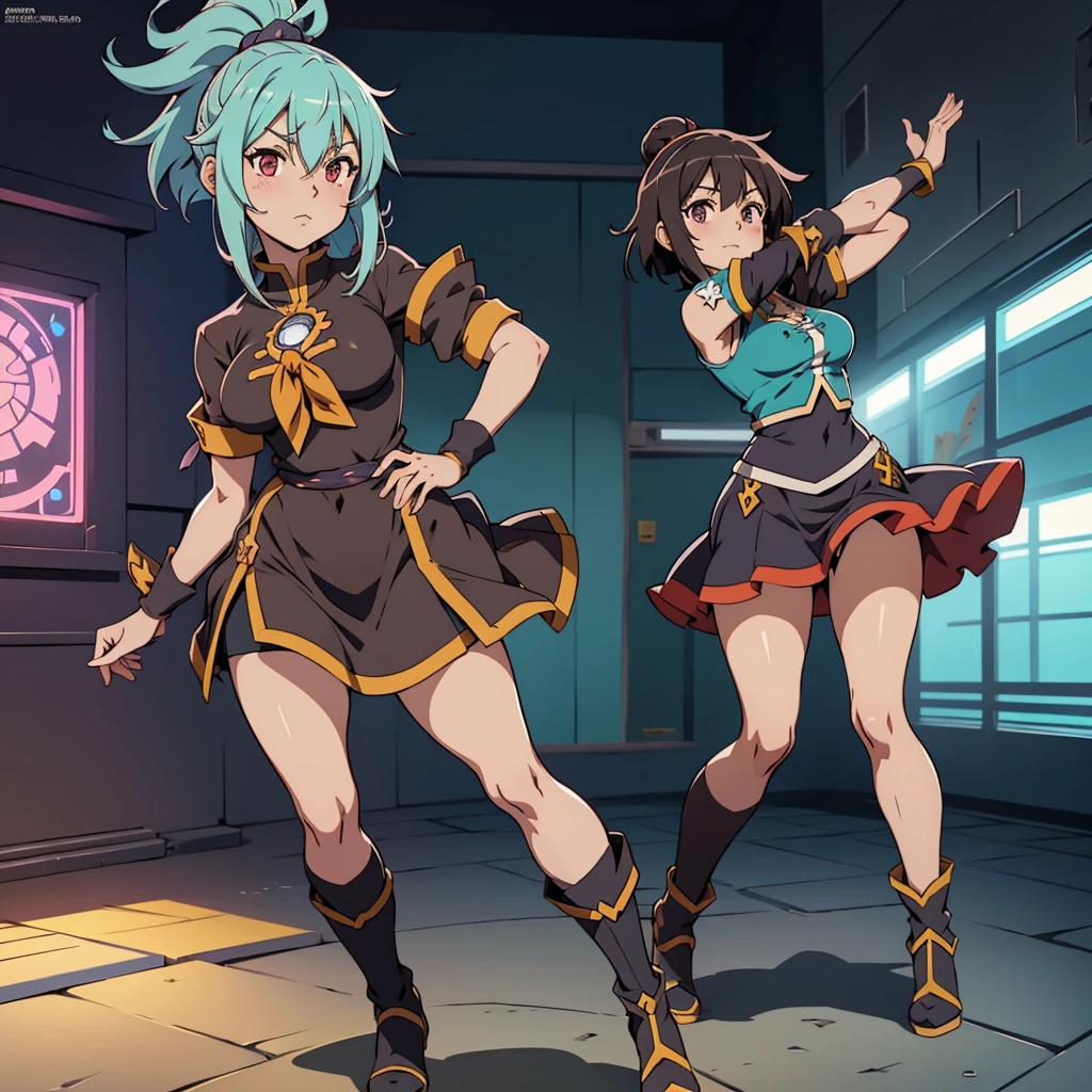 uma imagem de desenho animado de uma mulher com cabelo comprido e rabo de gato, Pose de corpo inteiro de feiticeira escura, garota de anime desonestos, Aqua, Konosuba, Anya, Spy X Family, female action anime girl, personagem de anime feminino, Megumin from konosuba, knights of zodiac girl, full body adoptable, Xianxia de corpo inteiro, Megumin
