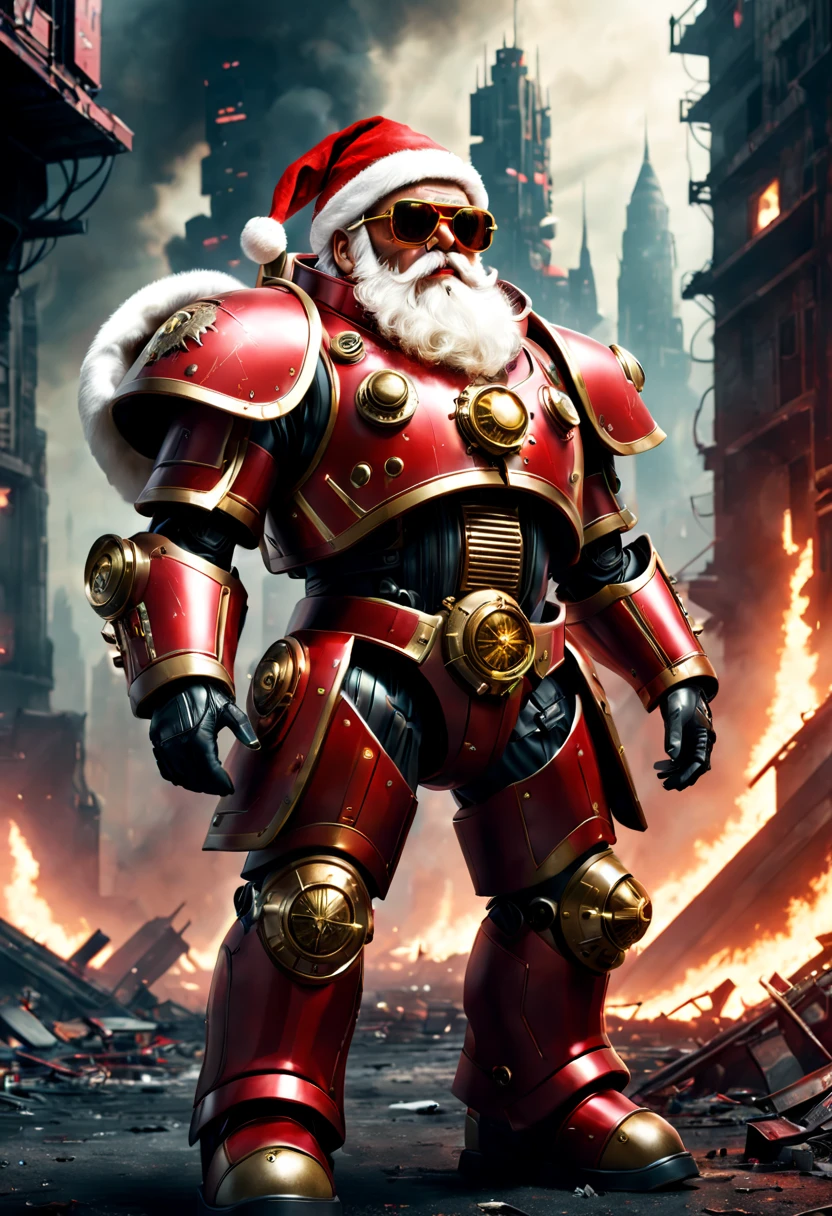 Warhammer 40K universe cybernetic santa claus，Mechanical suit of red and gold armor，sparkly red color sunglasses，Intense war-like environment，Destroyed buildings and flames，The background is a futuristic cityscape，Radar integrated in Santa hat，severe and threatening atmosphere，Sci-fi cyberpunk aesthetics，High contrast and desaturated tones，Dramatic and dynamic lighting effec quality,4k,highres,masterpiece:1.2),ultra-detailed,(realistic,photorealistic,photo-realistic:1.37)