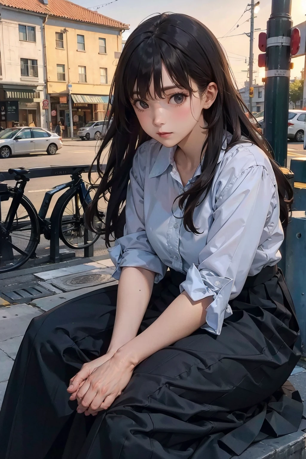 (FULL BODYSHOT、an oil painting、​masterpiece、top-quality、hight resolution、Dark hair、Super long hair、Bangs are aligned、Good mood、Blue shirt、Long long skirt、Sweaty skin、Sunset sky、Thick、I can see the lighthouse、On a street corner in Finland、crouching down