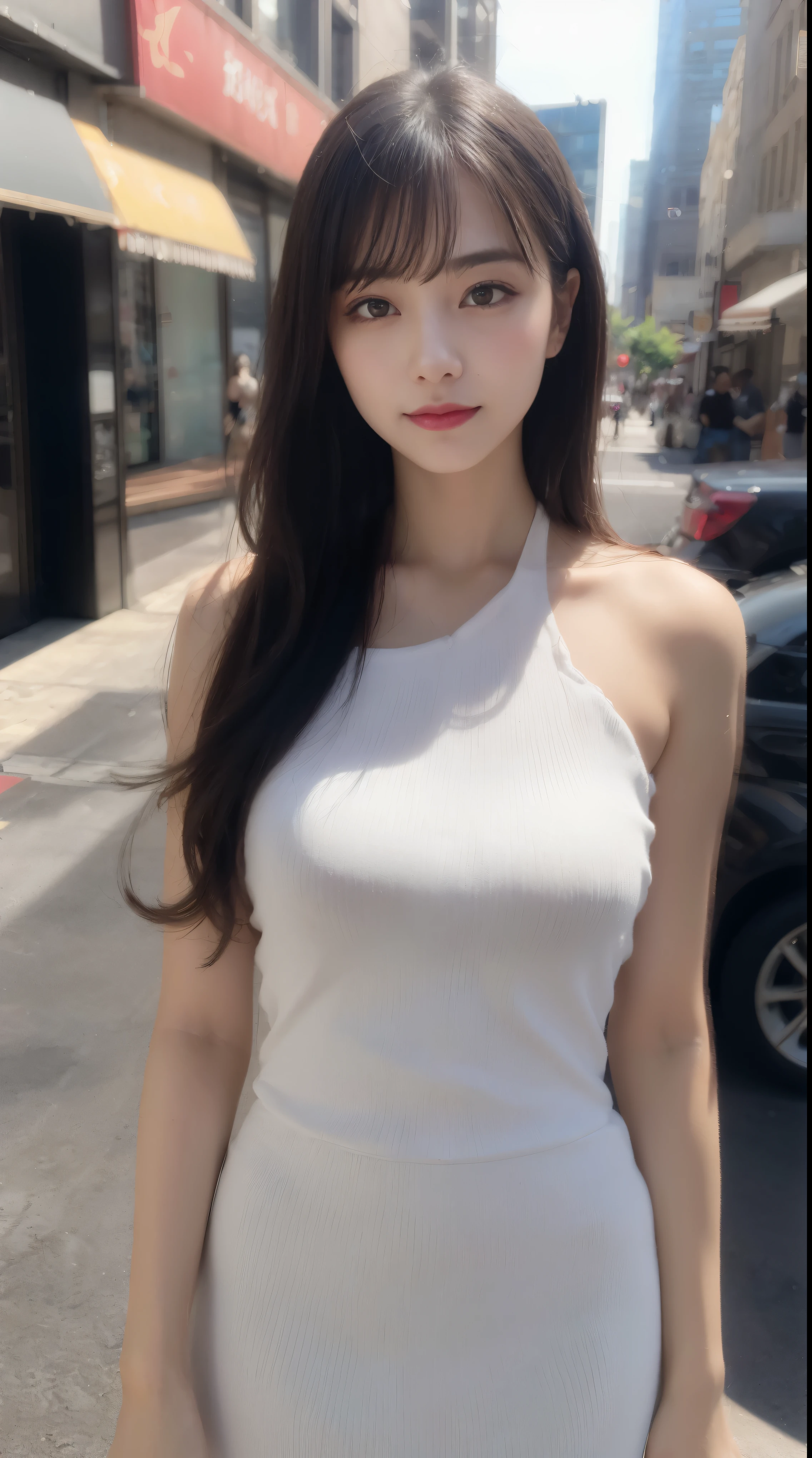 randome pose, mix4, (8K, Raw photography, top-quality, masterpiece: 1.45), (realisitic, Photorealsitic: 1.37), 一人のgirl with, cute little, A smile、Cityscape, natta, profetional lighting, cafes,Street,photon maping, Radio City, physically-based renderingt, Gradient black hair, white hair, Semi-long loose hair,gals,a handsome, girl with, large full breasts,off shoulders, Tight clothes,Onepiece,Tight skirt,top-qualityの, hight resolution, 1080p, (clearface), (Detailed face description), (Detailed hand description), (masterpiece), 逼真, extreme light and shadows, dishevled hair, masterpiece, lush detail, (Fine facial features), (Highest Quality Photos), (masterpiece), (finely eye), dual、Look in front of you, Fine clavicle,Emphasis on the armpits、Show lower milk