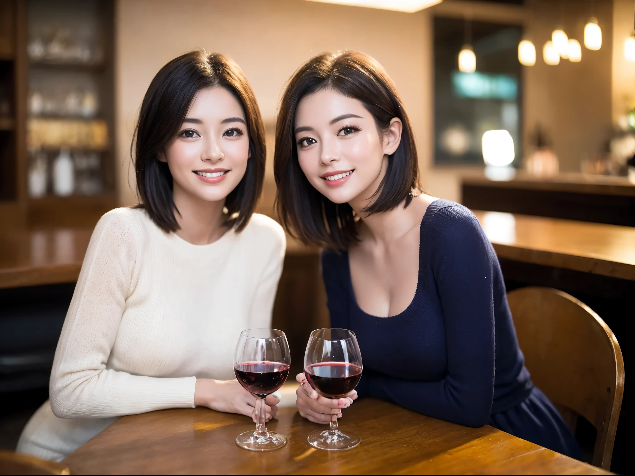(64k uhd、nffsw、top-quality、​masterpiece:1.2)、(realisitic、Photorealsitic:1.37)、ultra-detailliert、wine glasses、enjoying a glass of wine、a matural female、Two beautiful women、(Slimedな顔)、(Slimedなボティ)、（brawn hair）、(short-cut)、Latino、smiling french woman、happy italian girl、British woman、Americana、blush a little on the cheeks、(38 years)、42 year old、red wine、窓の外には美しく緻密なnatta景が広がります........、resturant、wine glassesは目立つ場所に、natta、(from waist up)、sitting on、date、(A smile:1.15)、Beautiful detailed eyes、Cashmere sweater、long-sleeved dresses、japanes、(short-hair:1.2)、Float NovaFrogStyle、、modeled、from waist up、white wine、Slimed、wine glasses、超きれいなnatta景、wine glassesは真ん中に置いて、Happy smile、(8K、Raw photography、top-quality、​masterpiece:1.2)、(realisitic、Photorealsitic:1.37)、ultra-detailliert、超A high resolution、2 females、see the beholder、beautifull detailed face、A smile、Constriction、(細いSlimedなウェスト) :1.3)、knit shirt、Beautiful detailed skin、Skin Texture、floated hair、professional light needle breast、eyes gentle