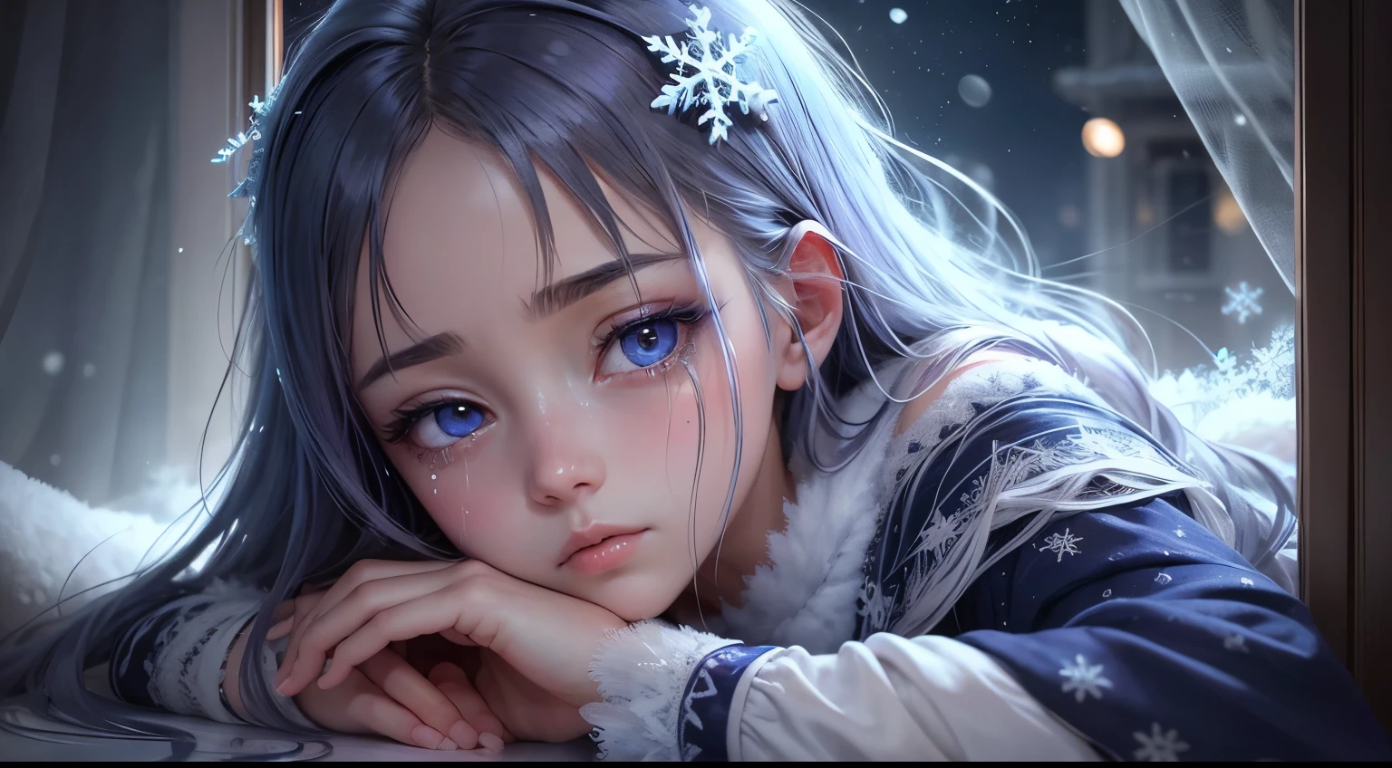 anime,girl,sleeping,window,winter,dark night,crying,beautiful detailed eyes,beautiful detailed lips,extremely detailed eyes and face,longeyelashes,soft hair,peaceful expression,flowy dress,frosty breath,intricate snowflakes,moonlight shining through the window,teardrops frozen on her face,melancholic atmosphere,endless sadness,subtle shadows and highlights,emotive color palette,subtle shades of blue and purple,star-filled sky,stillness and tranquility,fleeting dream-like moment,breathtaking scene,masterpiece:1.2,ultra-detailed,realistic:1.37,professional,vivid colors,bokeh