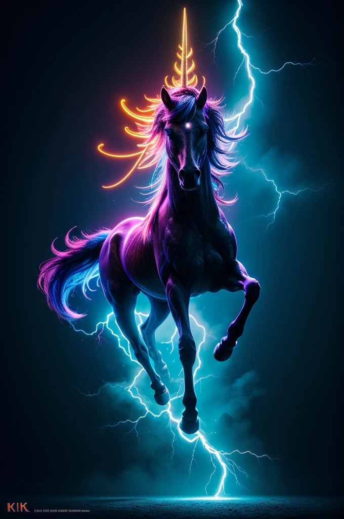 Black Light Art, a unicorn, glowing horn, composed of elements of thunder, thunder, electricity, electric elements, lightning art, cloud, octane render, enhance, intricate, (best quality, masterpiece, Representative work, official art, Professional, unity 8k wallpaper:1.3)